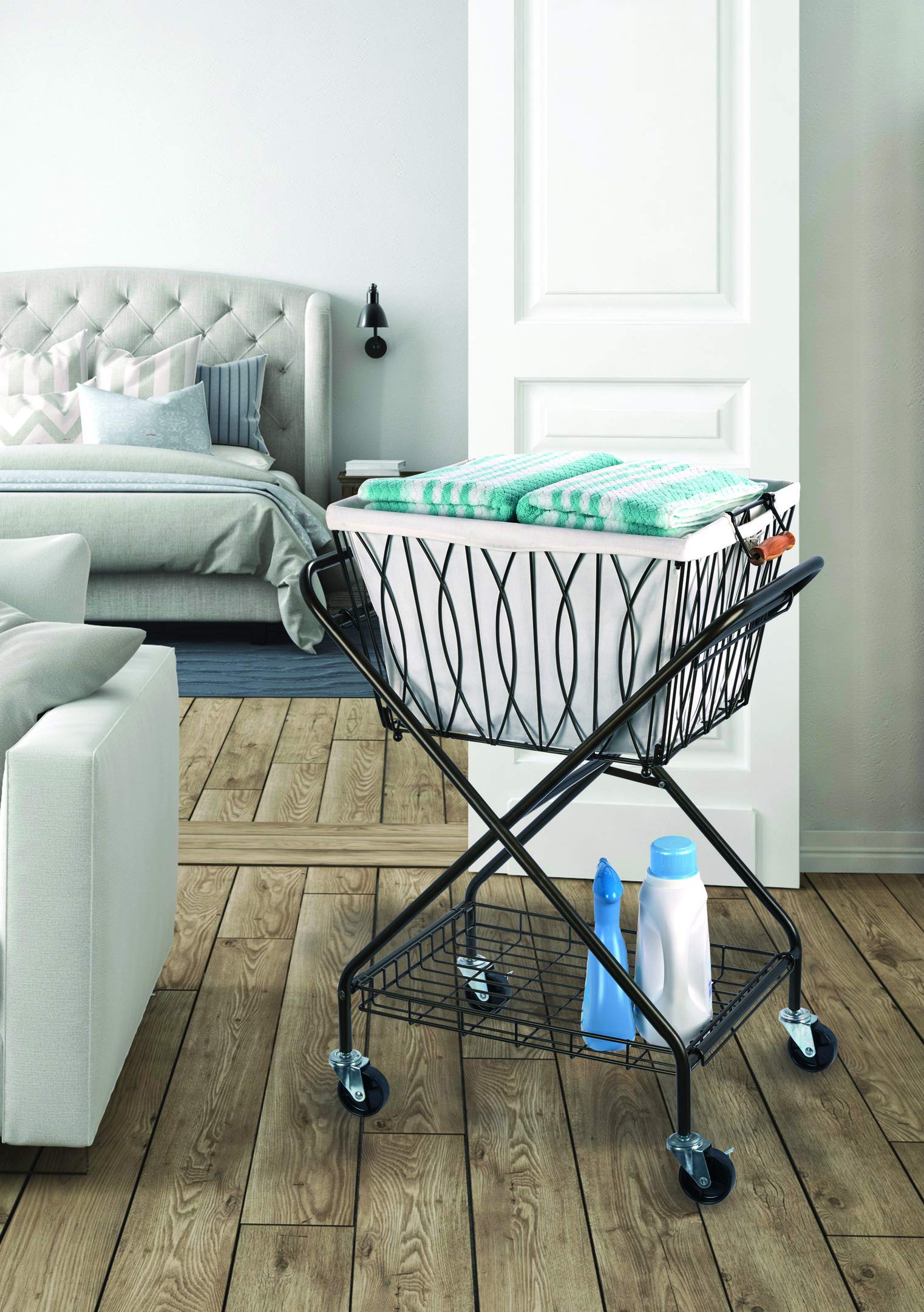 Verona Collapsible Laundry Cart with Removable Basket & 2 Canvas Bags - Foldable Rolling Hamper for Bedroom, Closet, Dorm - Space Saving Storage Organizer (Bronze)