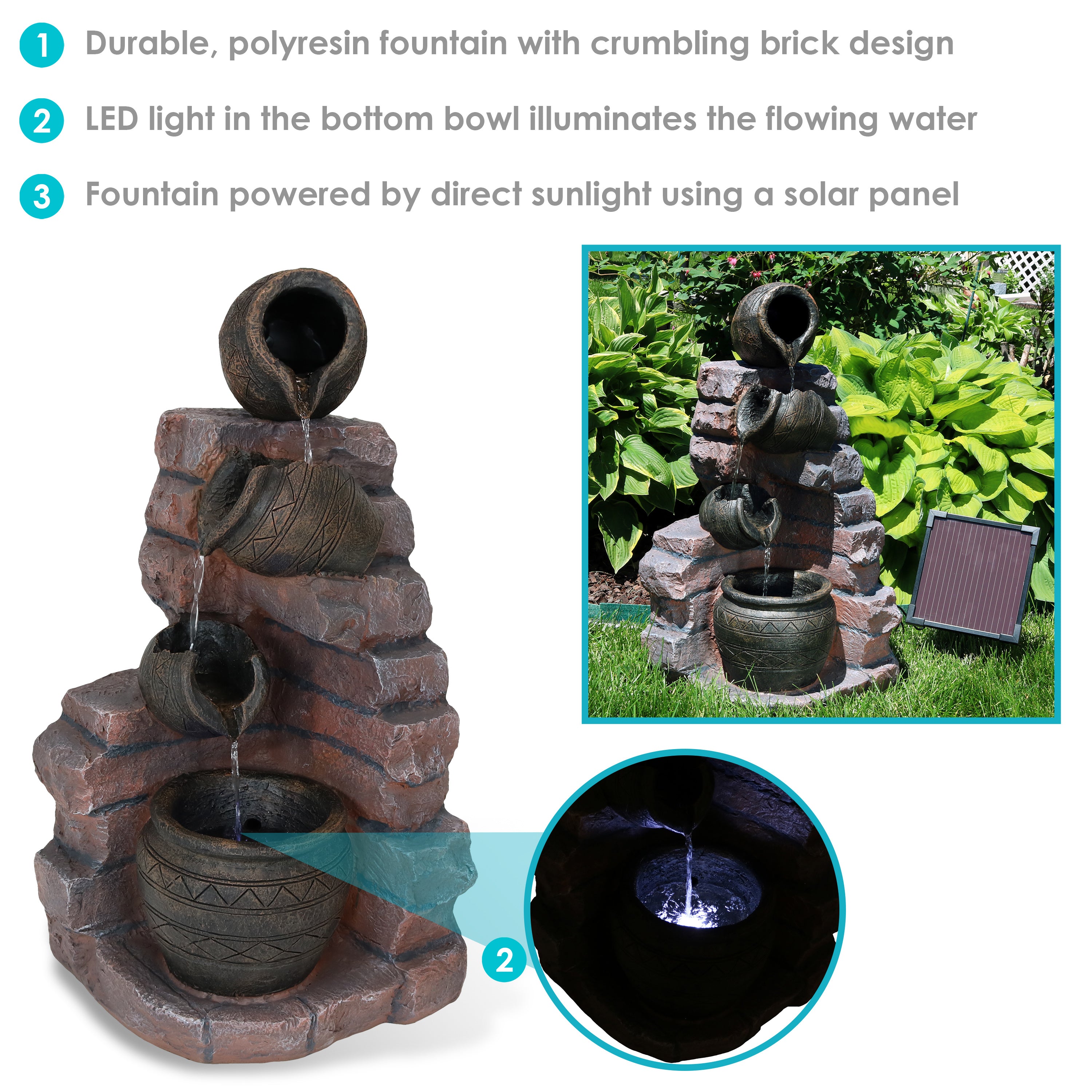 Sunnydaze Crumbling Bricks and Pots Solar Fountain with Battery Backup - 27