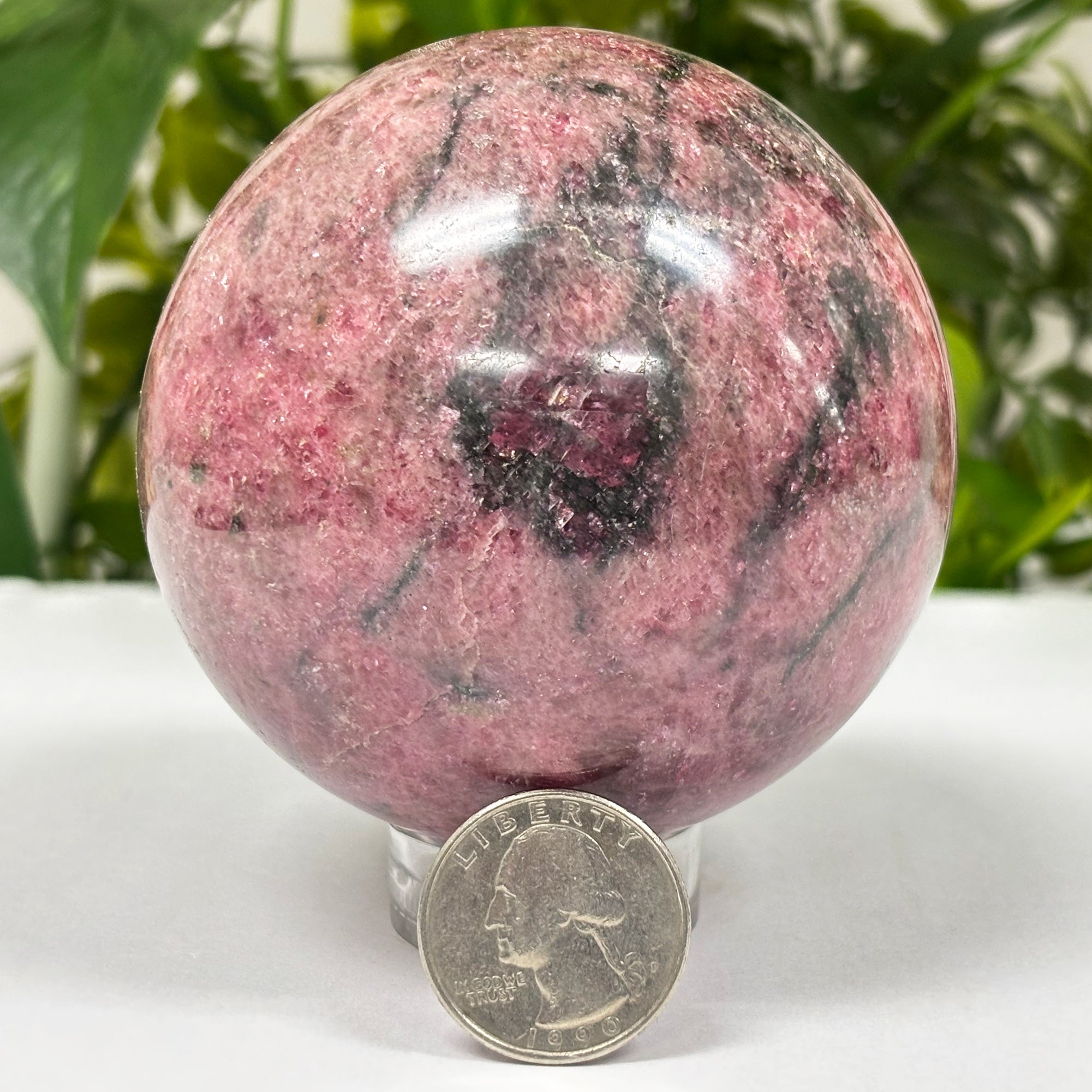 2.5 Inch Natural Polished Rhodonite Crystal Sphere - Pink Gemstone Ball for Home Decor, Desk Display, Meditation & Healing - Smooth Stone Orb for Feng Shui, Collection & Spiritual Gifts