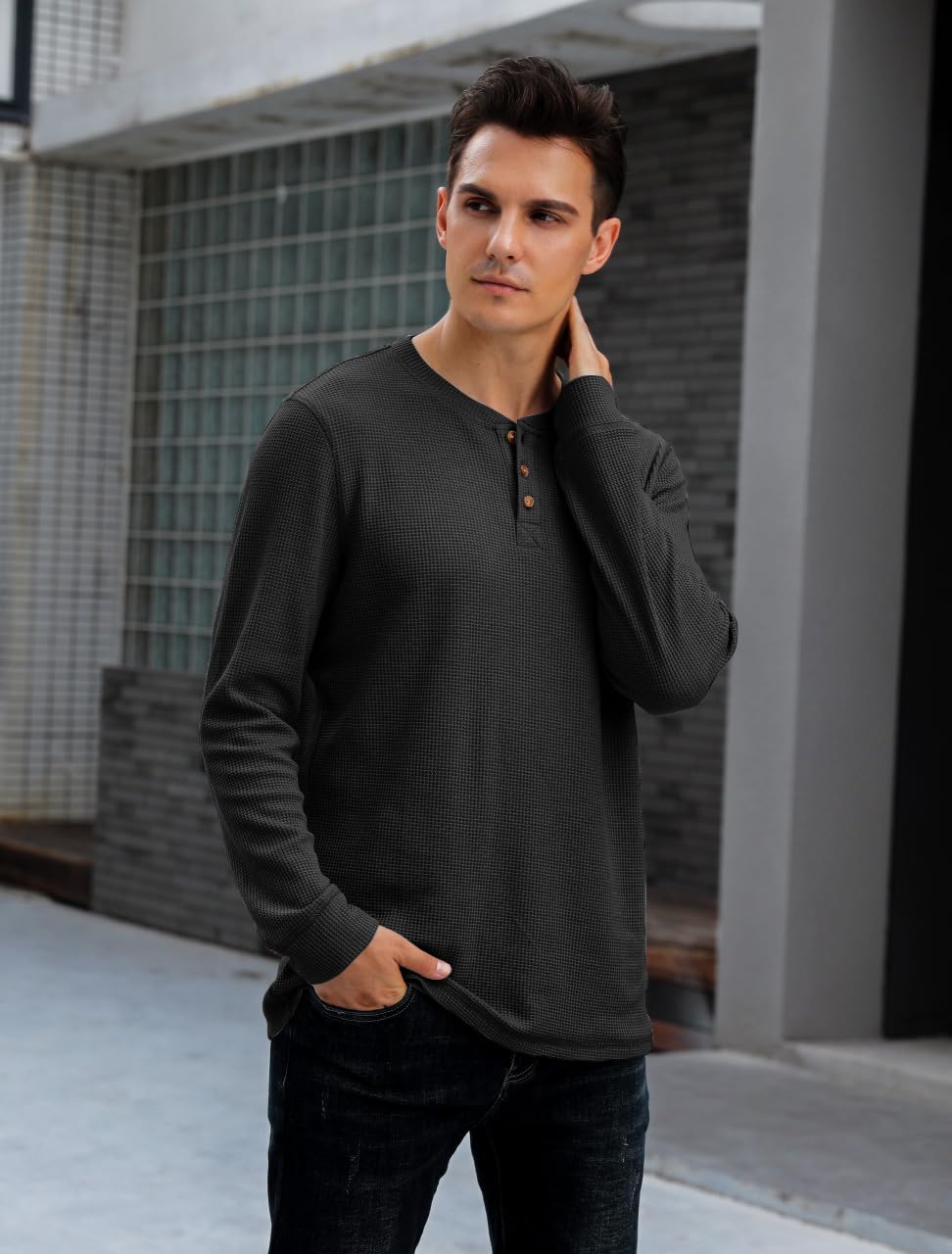 Men's Waffle Long Sleeve Henley Shirt - Soft Thermal Knit Top for Casual Wear & Layering | Perfect for Fall & Winter Outfits