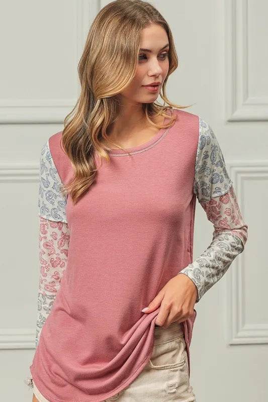 BiBi French Terry Paisley Triblend Color Block Sweatshirt - Soft & Stylish Women's Pullover for Casual Wear & Lounge Outfits
