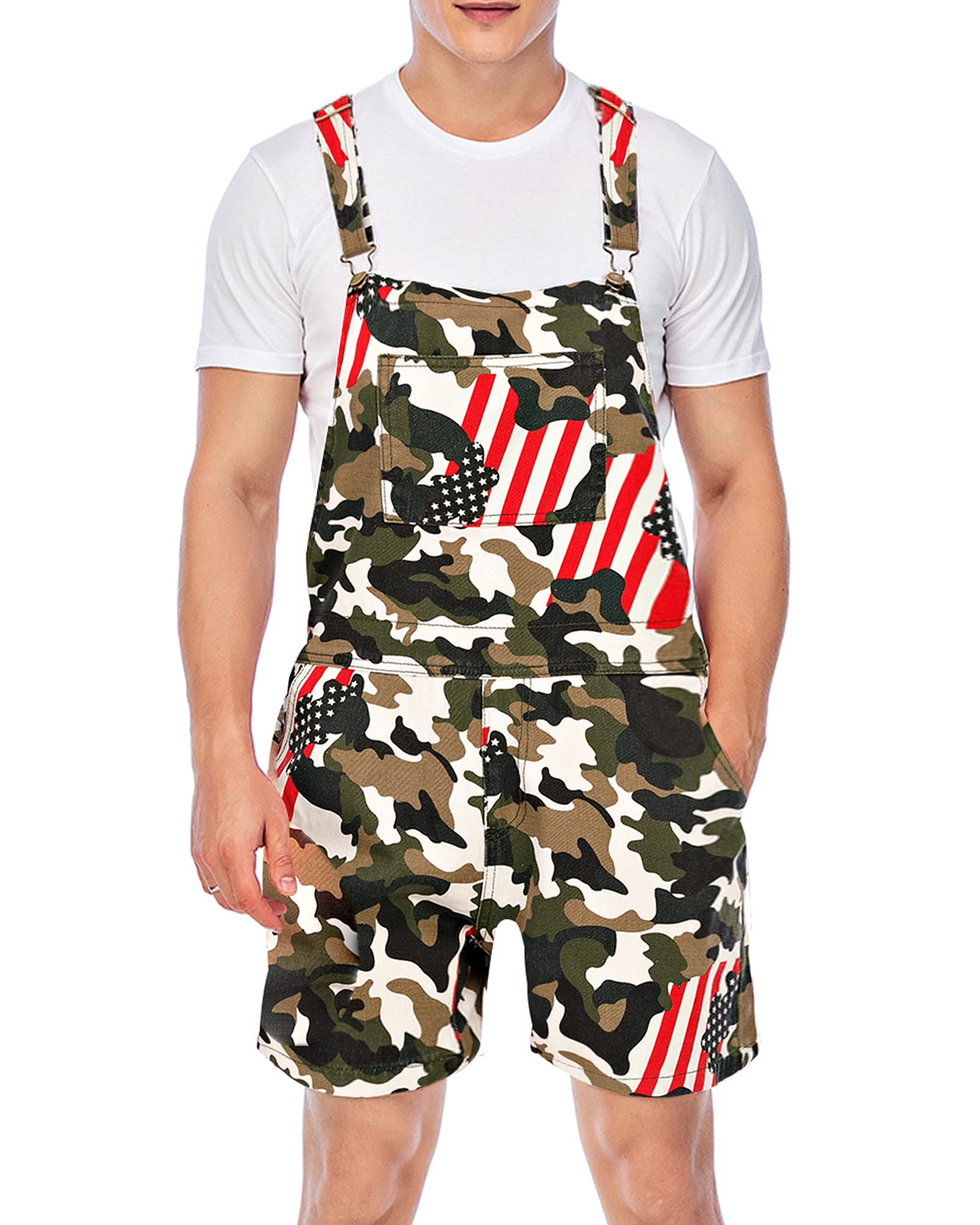 Men's & Women's American Flag Denim Overalls Shorts - Adjustable Strap Casual Romper Jumpsuits for Summer Outfits & Patriotic Events