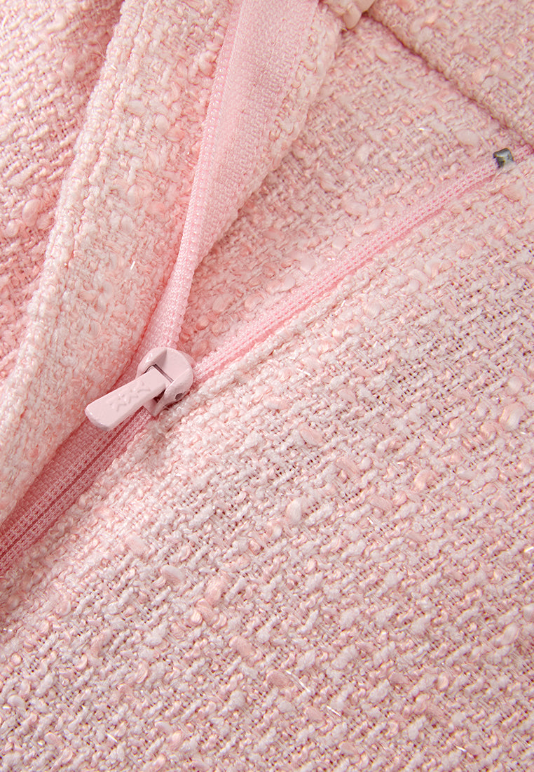 Elegant Pink Tweed Wide Leg Trousers with Crystal Buttons - Perfect for Office Wear, Cocktail Parties & Fall Fashion Outfits