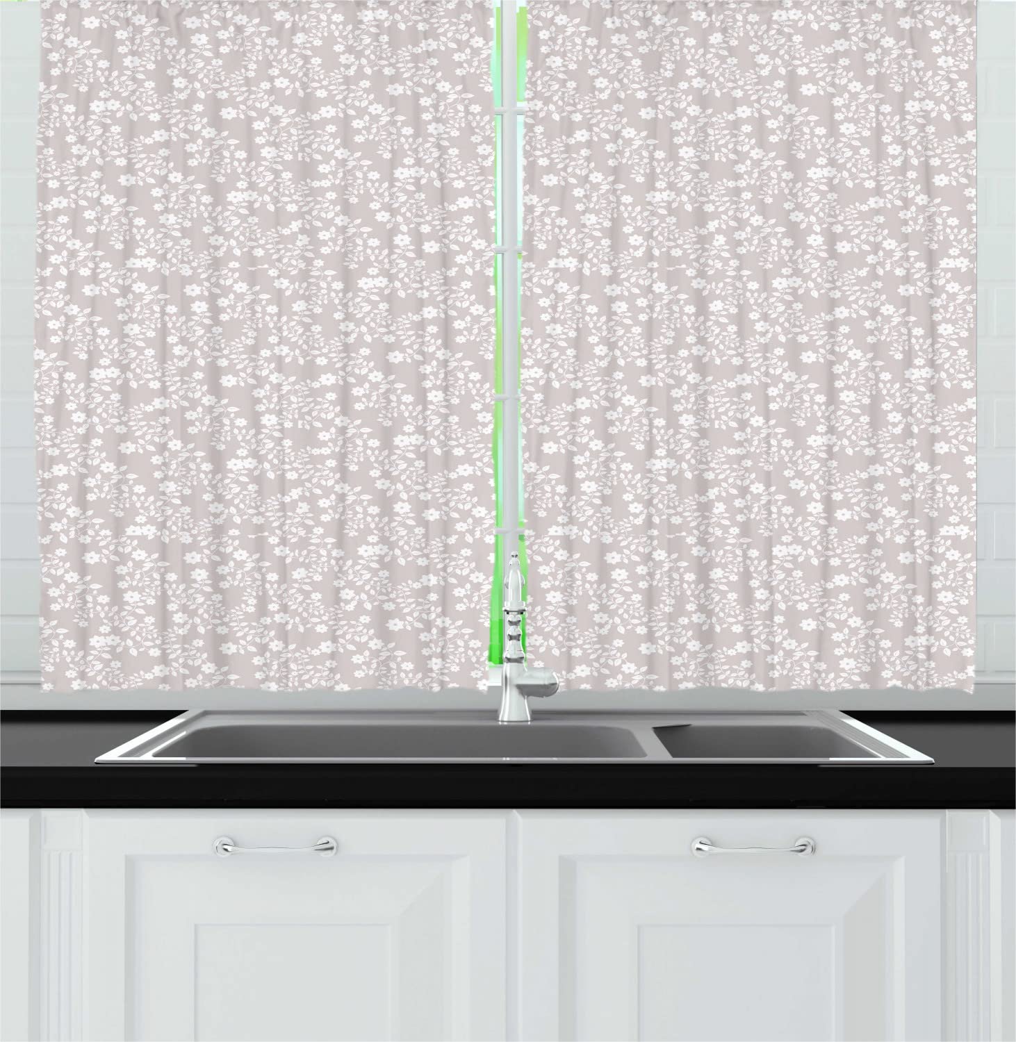 Ambesonne Floral Long Kitchen Curtains - Pastel Meadow Scenery with Simple Flowers & Leaves, 2 Panel Drapes with Rod Pocket, 55