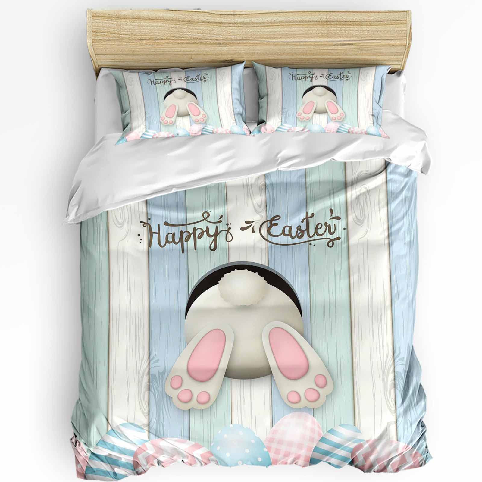 3-Piece Twin Size Duvet Cover Set with Zipper Closure & Corner Ties - Pink Easter Bunny Bedding (1 Duvet Cover + 2 Pillow Shams) | Cute Bunny Butt & Colored Easter Eggs Design on Blue Wood Grain Pattern | Perfect for Kids' Rooms, Easter Decor & Spring Bedroom Makeover