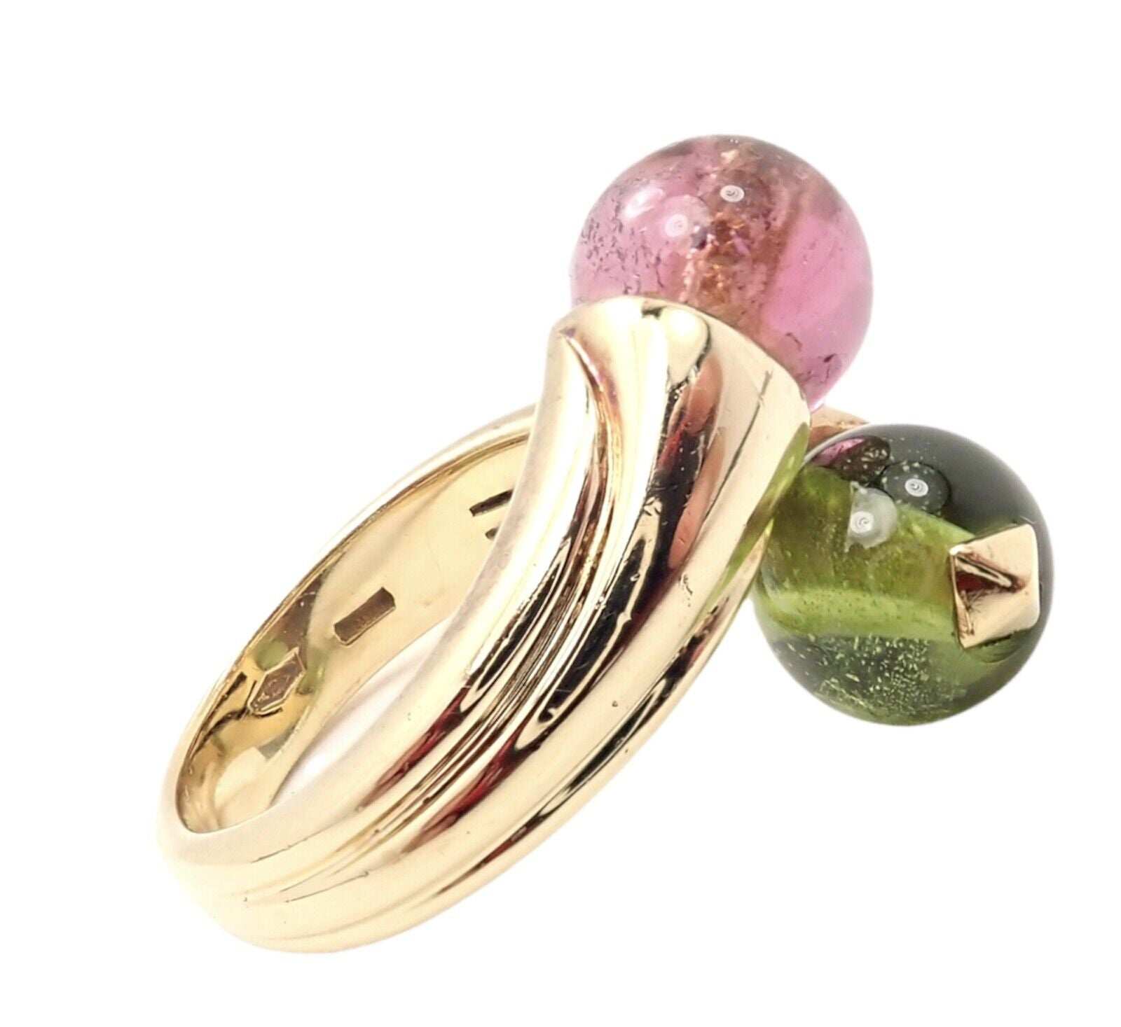 Vintage Bulgari Bvlgari 18k Yellow Gold Pink & Green Tourmaline Bypass Ring - Luxury Jewelry for Women, Elegant Gift for Anniversary & Special Occasions