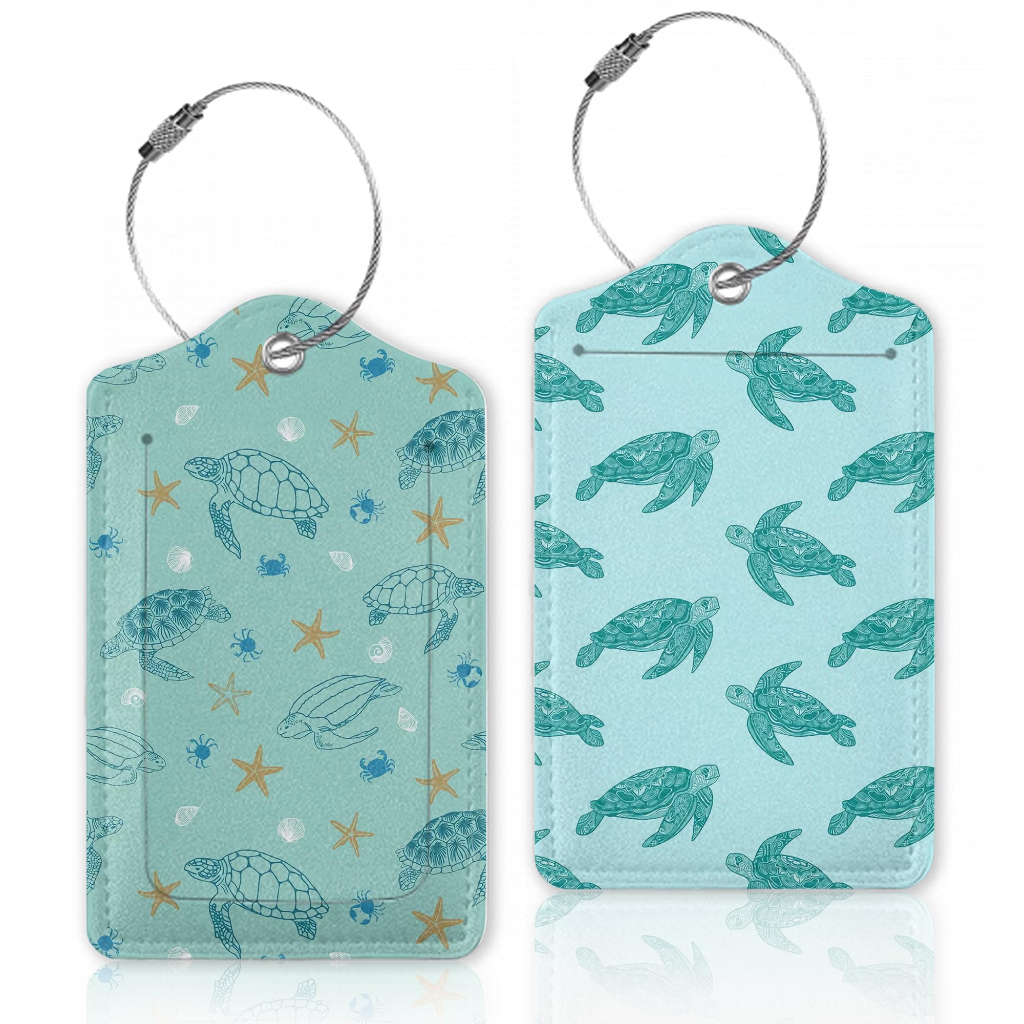 Blue Sea Turtle Luggage Tags for Suitcases - 2 Pack Durable Stainless Steel Loop ID Tags with Privacy Cover - Perfect Travel Accessories for Women & Men - Ideal for Beach Vacations, Cruises and Airplane Travel