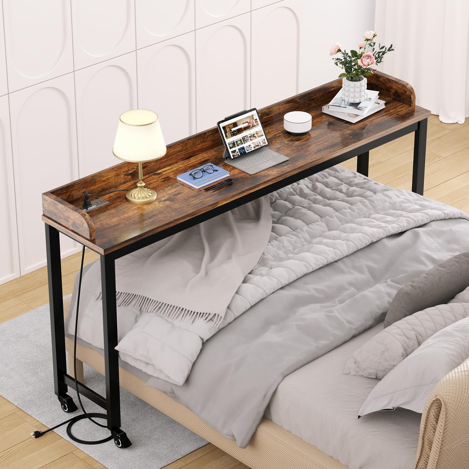 Walnut Overbed Table with Wheels & Charging Station - 70.8