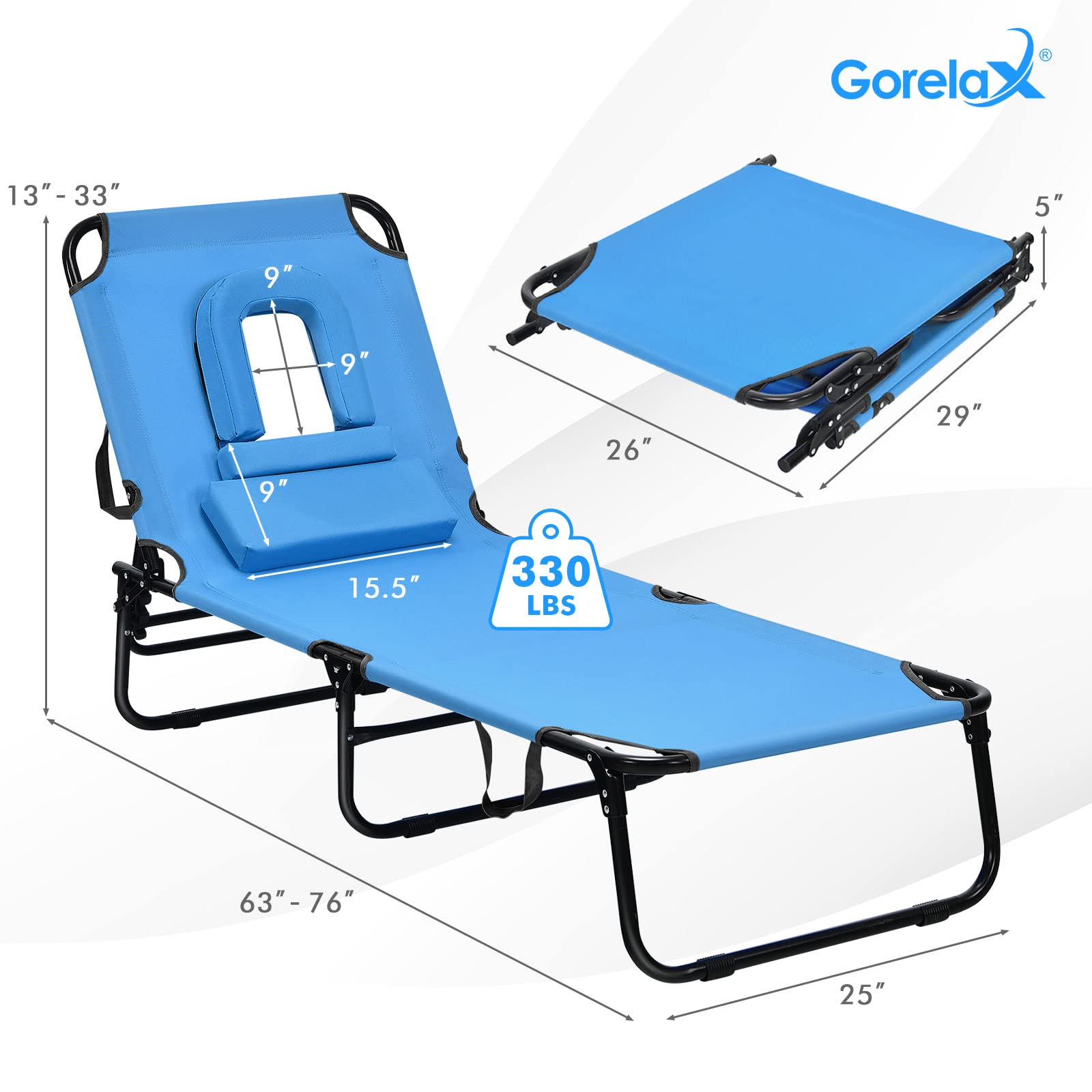 Giantex Adjustable Folding Chaise Lounge Chair - Portable Recliner for Beach, Patio, Poolside & Outdoor Relaxation - Blue