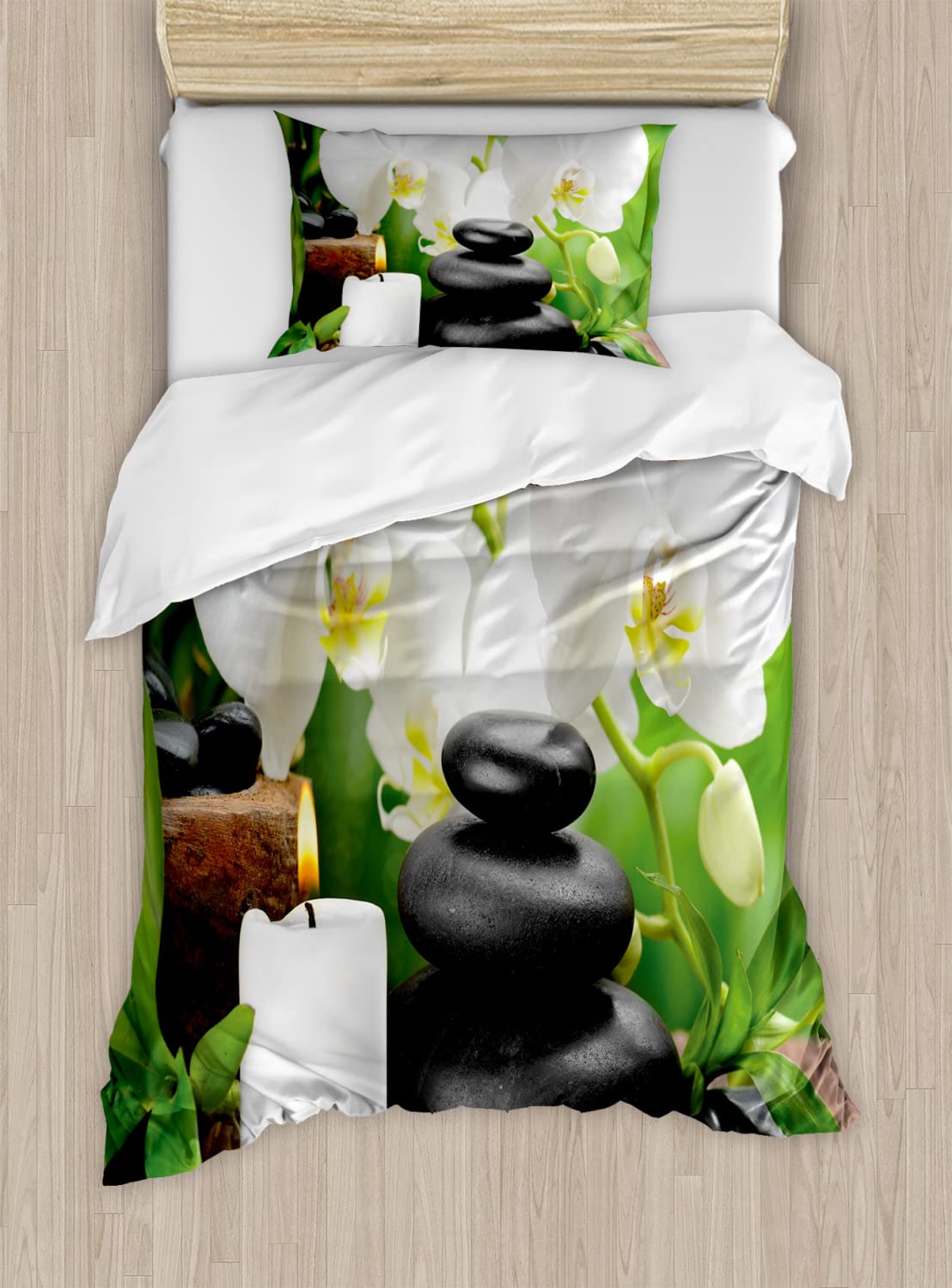 Ambesonne Spa Duvet Cover Set - 2 Pack California King Size, Black White & Green | Hot Stone Massage & Orchid Candle Design with Nature Therapy Elements | Includes 2 Duvet Covers & 4 Pillowcases | Perfect for Relaxing Spa Nights, Meditation Rooms & Luxury Bedroom Decor