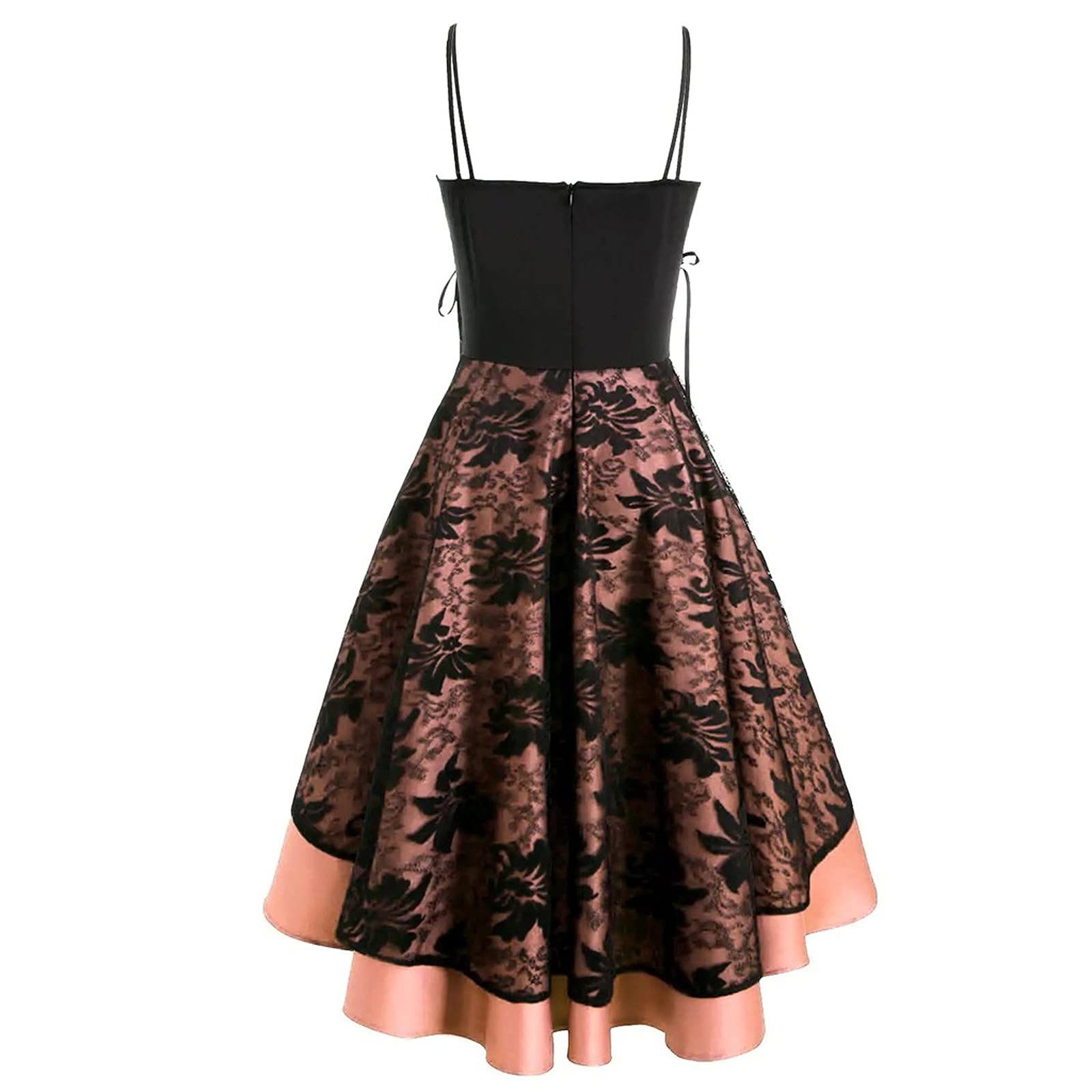 Gothic Punk Dresses for Women - Pleated Cami Midi Dress with Adjustable Drawstring Waist & Lace Spaghetti Straps | Vintage Aesthetic, Alternative Fashion for Concerts, Parties & Night Out