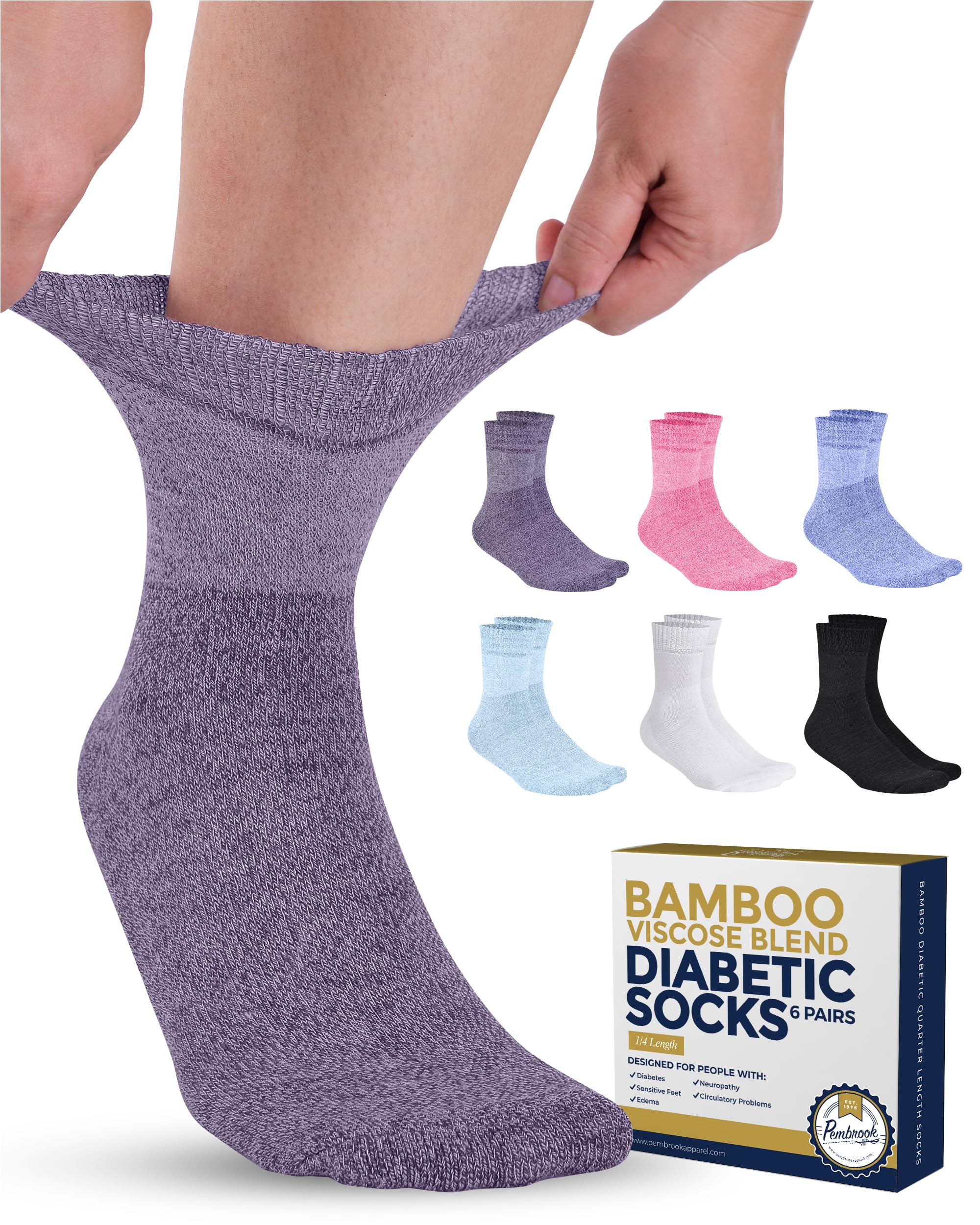 Pembrook 6-Pack Bamboo Viscose Diabetic Socks for Women & Men - Breathable Ankle Socks for Swollen Feet, Neuropathy & Edema Relief - Comfortable Diabetic Socks for Women's Shoe Size 9-12 - Ideal for Daily Wear, Diabetes Care & Circulation Support