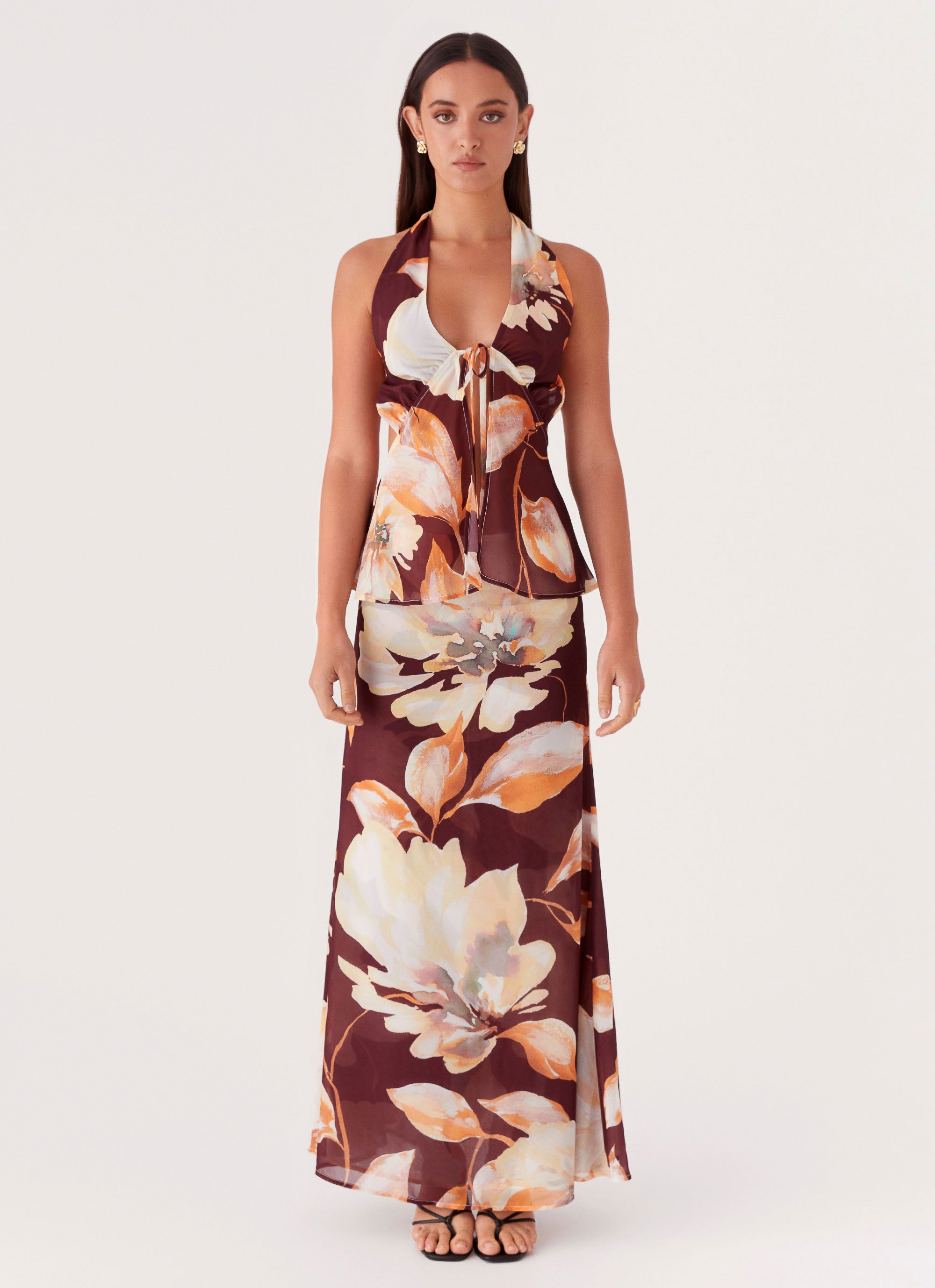 Camellia Halterneck Top - Brown Floral Print Women's Summer Tops | Casual Beachwear & Vacation Outfit for Boho Style