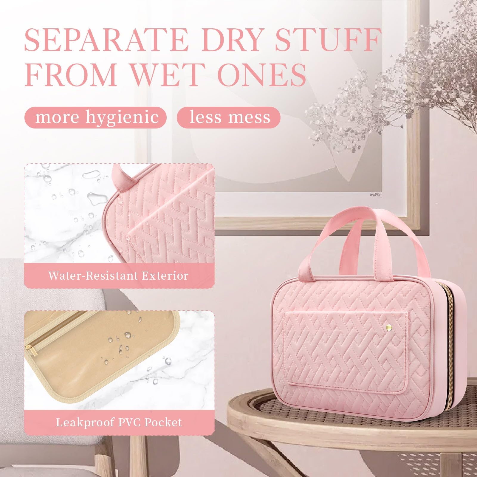 HOTOR Hanging Travel Toiletry Bag for Women - Waterproof Cosmetic Organizer with Hook, Portable Makeup Case | Perfect for Vacation, Business Trips & Gym Essentials (Pink)
