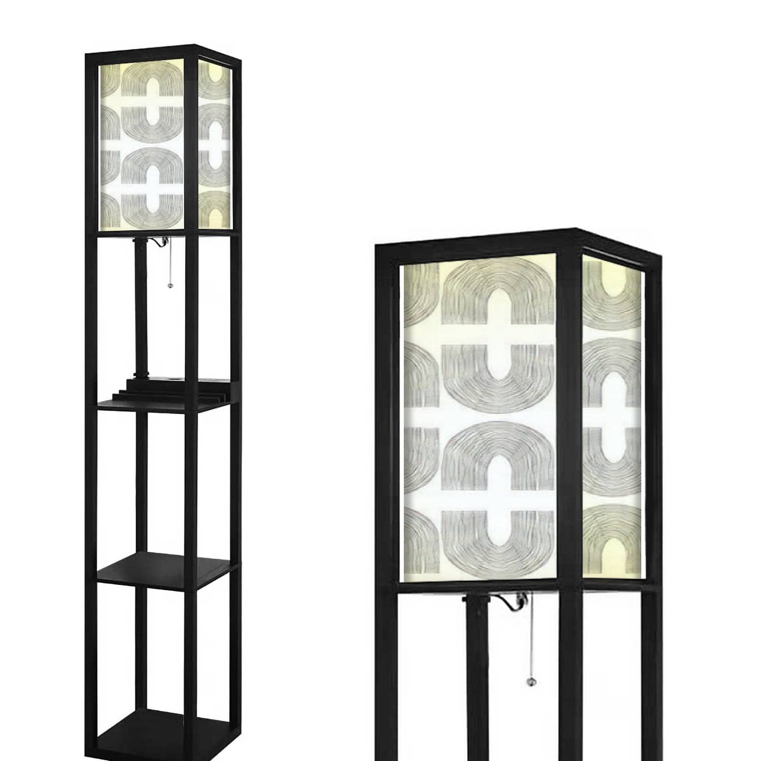 Modern Standing Floor Lamp with Shelves, USB Ports & Power Outlet - Contemporary Seamless Design with Hand-Drawn Abstract Shapes & Linen Fabric Shade - Tall Corner Lamp for Living Room, Bedroom, Office | Perfect for Reading, Working & Ambient Lighting