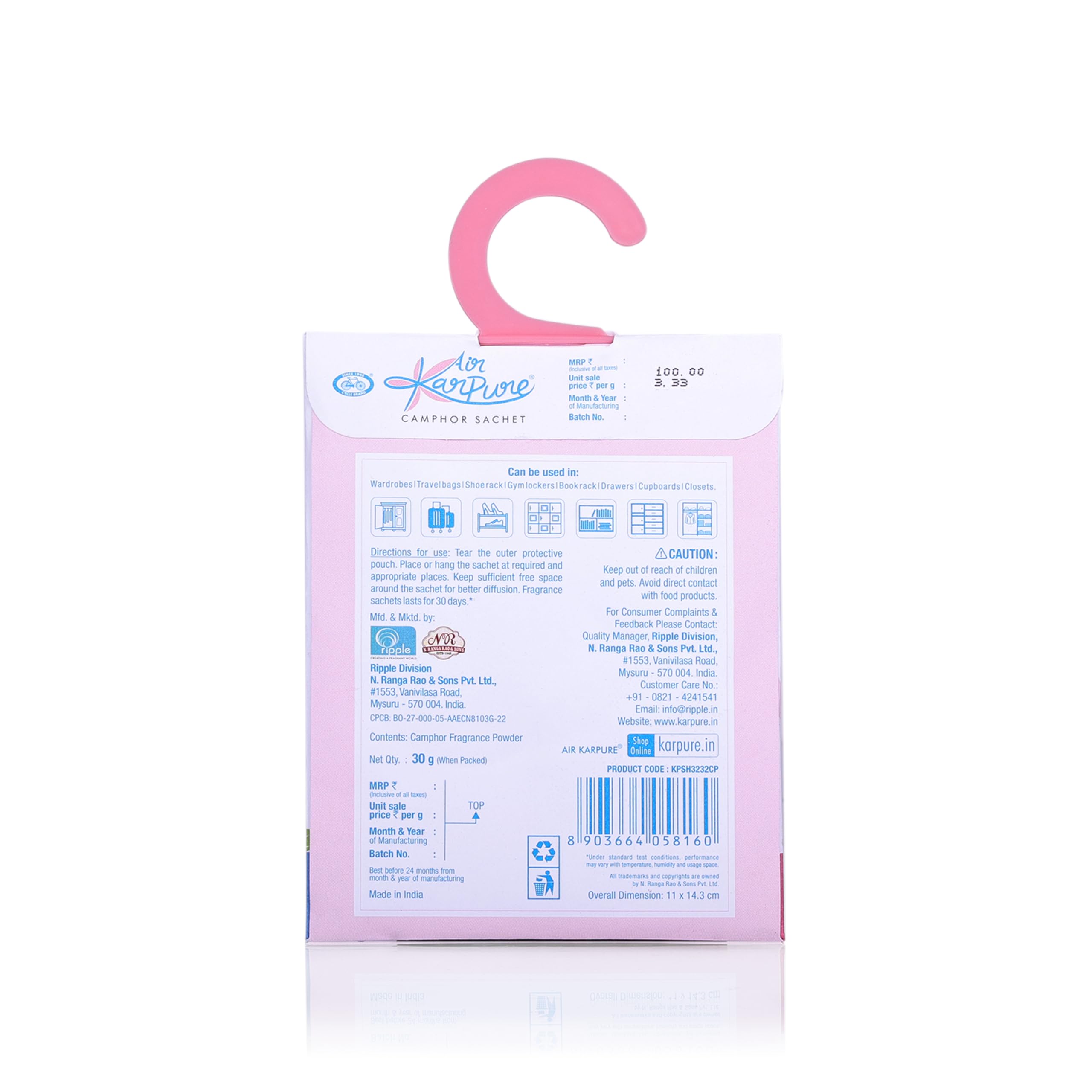Cycle Pure Karpure Camphor Sachet - Pack of 3 | Long-Lasting Air Freshener for Bathroom, Toilet, Closet, Home & Office | Oudh, Citrus & Original Camphor Fragrance | Each Sachet Lasts 30 Days | Perfect for Odor Control in Small Spaces & Aromatherapy