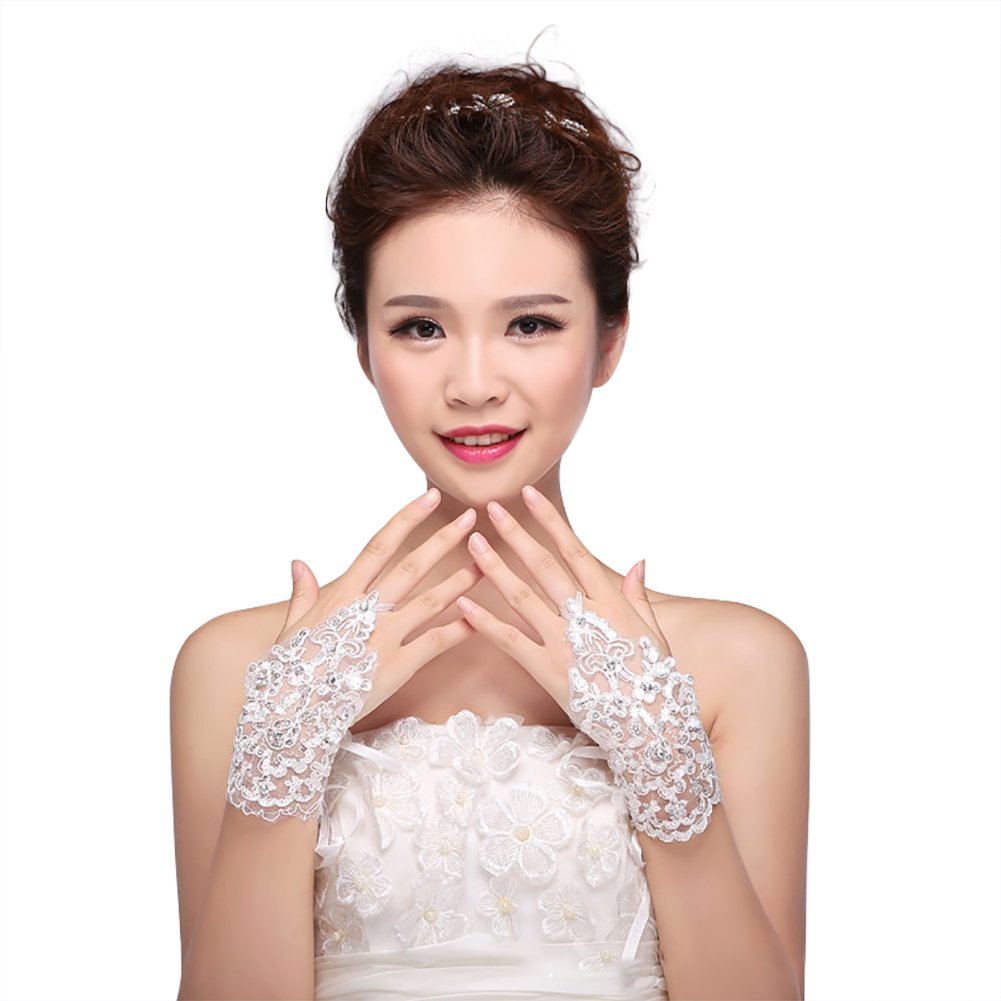 Elegant Fingerless Lace Bridal Gloves with Rhinestones & Crystals - Short Floral Tulle Gloves for Wedding, Party, Prom - Perfect for Brides, Ladies & Girls (Ideal for Ceremonies, Photos & Special Occasions)