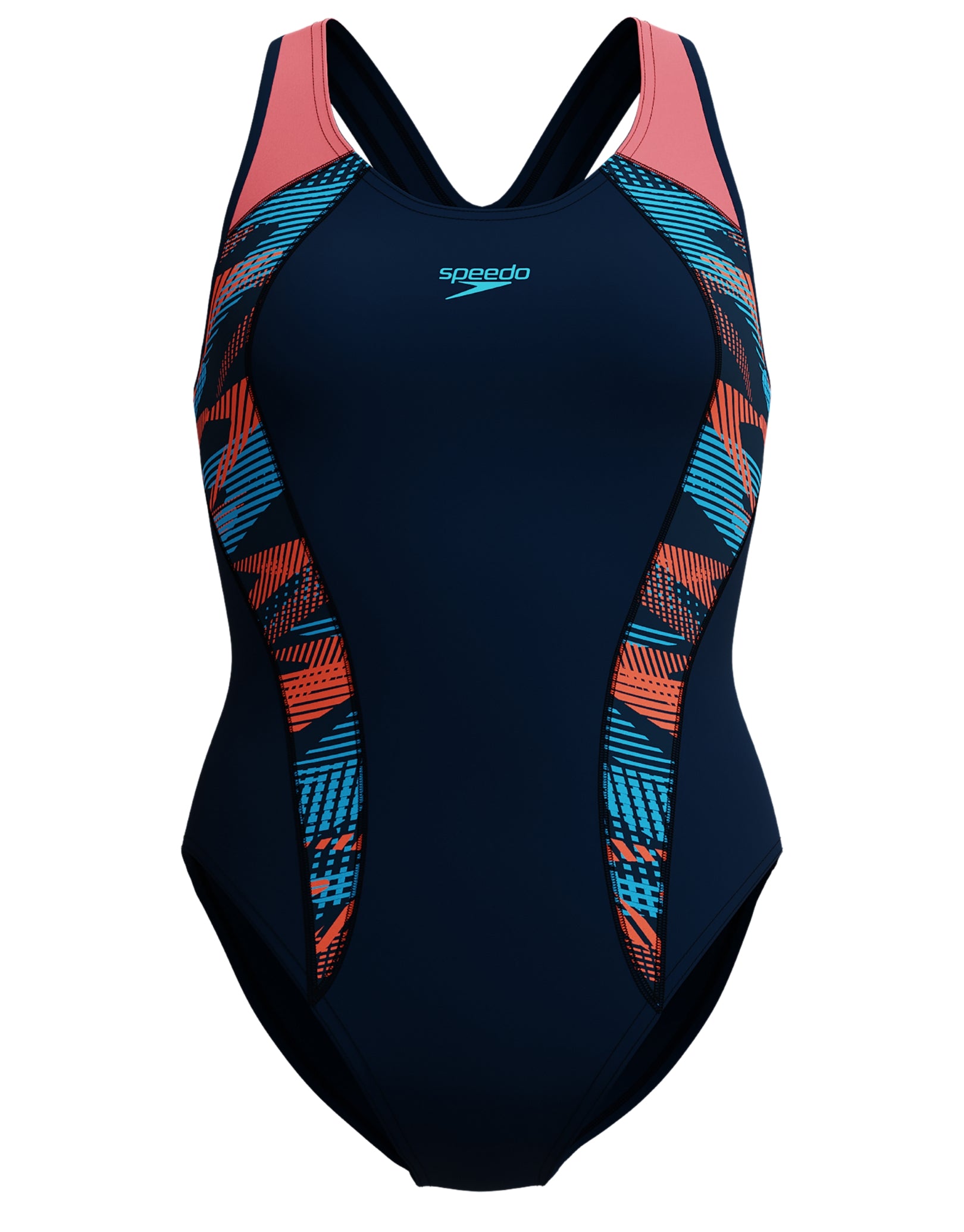 Women's High Waisted One Piece Swimsuit - Navy & Coral Retro Bathing Suit for Beach, Pool, and Vacation