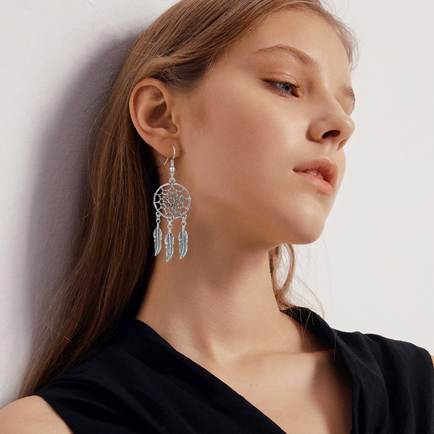 Retro Silver Boho Style Dream Catcher Feather Dangle Earrings for Women - Statement Tassel Drop Earrings with Turquoise Accents | Perfect for Festival, Party & Boho Fashion Outfits
