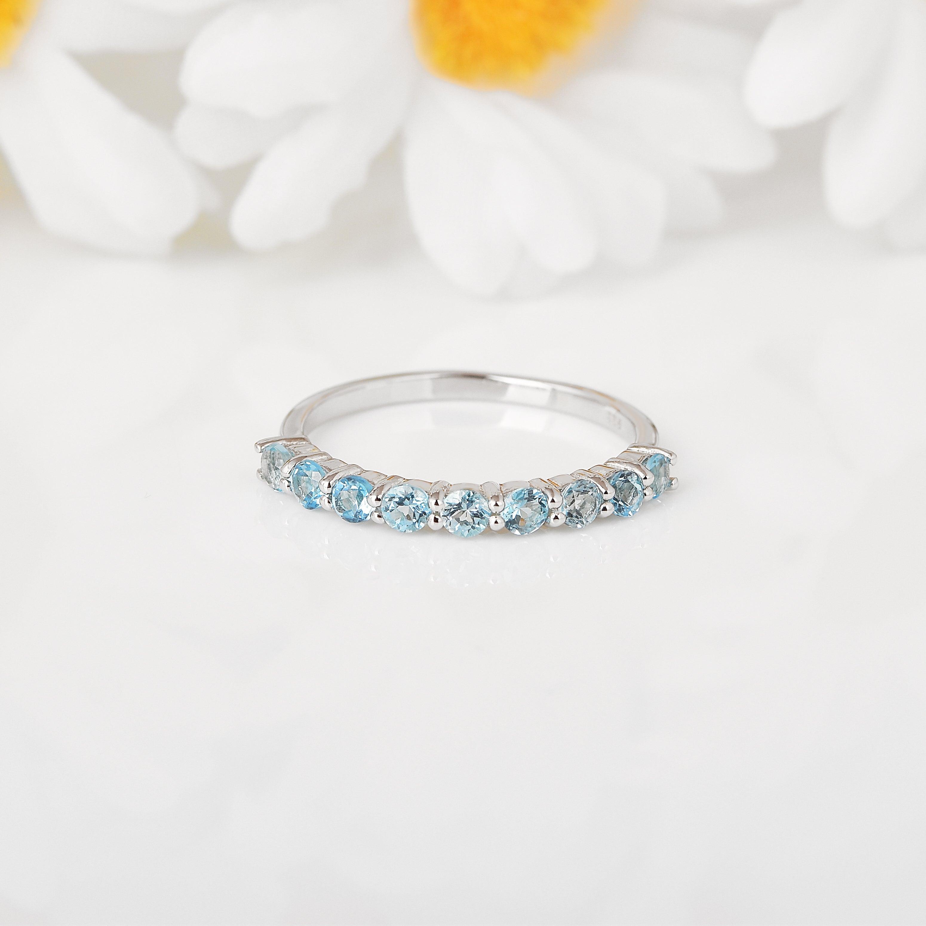 Blue Topaz Half Eternity Ring for Women - Sterling Silver Stackable Wedding Band, Anniversary Gift for Her - Perfect for Bridal Jewelry, Date Night & Special Occasions
