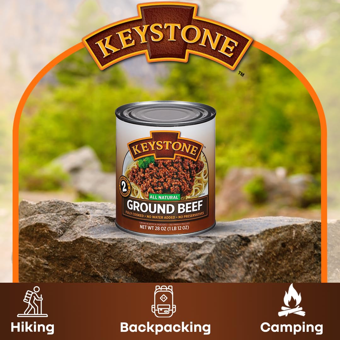 Keystone All Natural Ground Beef 28oz - Fully Cooked Ready to Eat Canned Meat | Gluten Free, Long Shelf Life Emergency Food | Family Pack of 6 | Perfect for Camping, Prepping & Emergency Survival Kits
