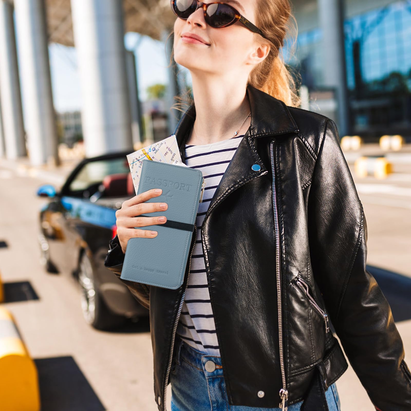 TIGARI RFID Passport Wallet for Women - Leather Travel Wallet with Zipper Pocket & Card Slots - Waterproof Passport Holder & Document Organizer (Blue) - Perfect for Air Travel, Vacation & Business Trips