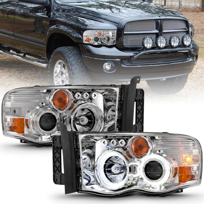 ANZO Projector Headlights with Halo Ring for Dodge Ram 1500 (2002-2005) - Chrome Finish | High-Performance Lighting Upgrade for Night Driving & Off-Road Adventures