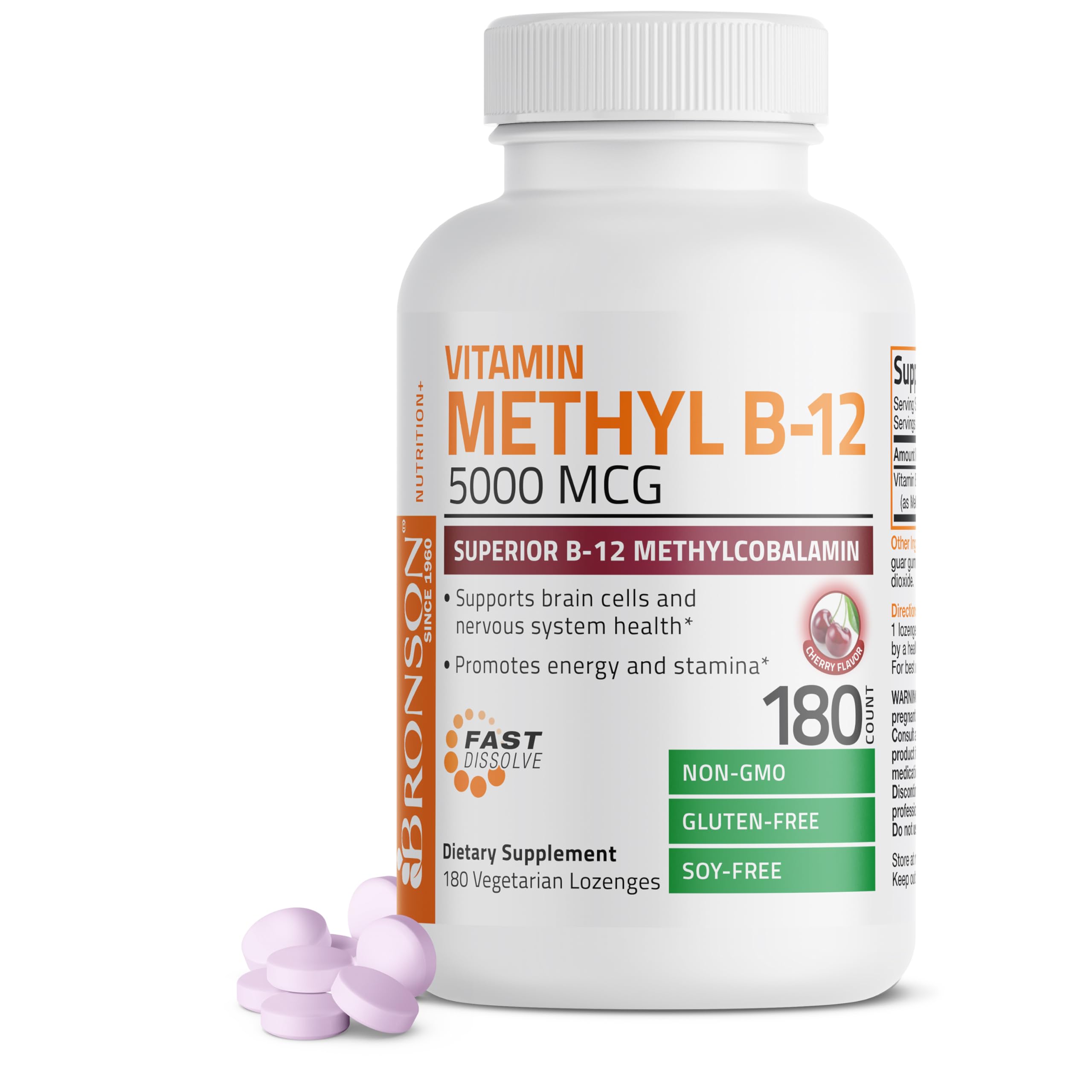 Bronson Methyl B12 5000 mcg Vitamin B12 Methylcobalamin Supplement - Energy & Brain Support, 180 Lozenges - Boost Focus & Vitality for Workouts, Study & Daily Energy