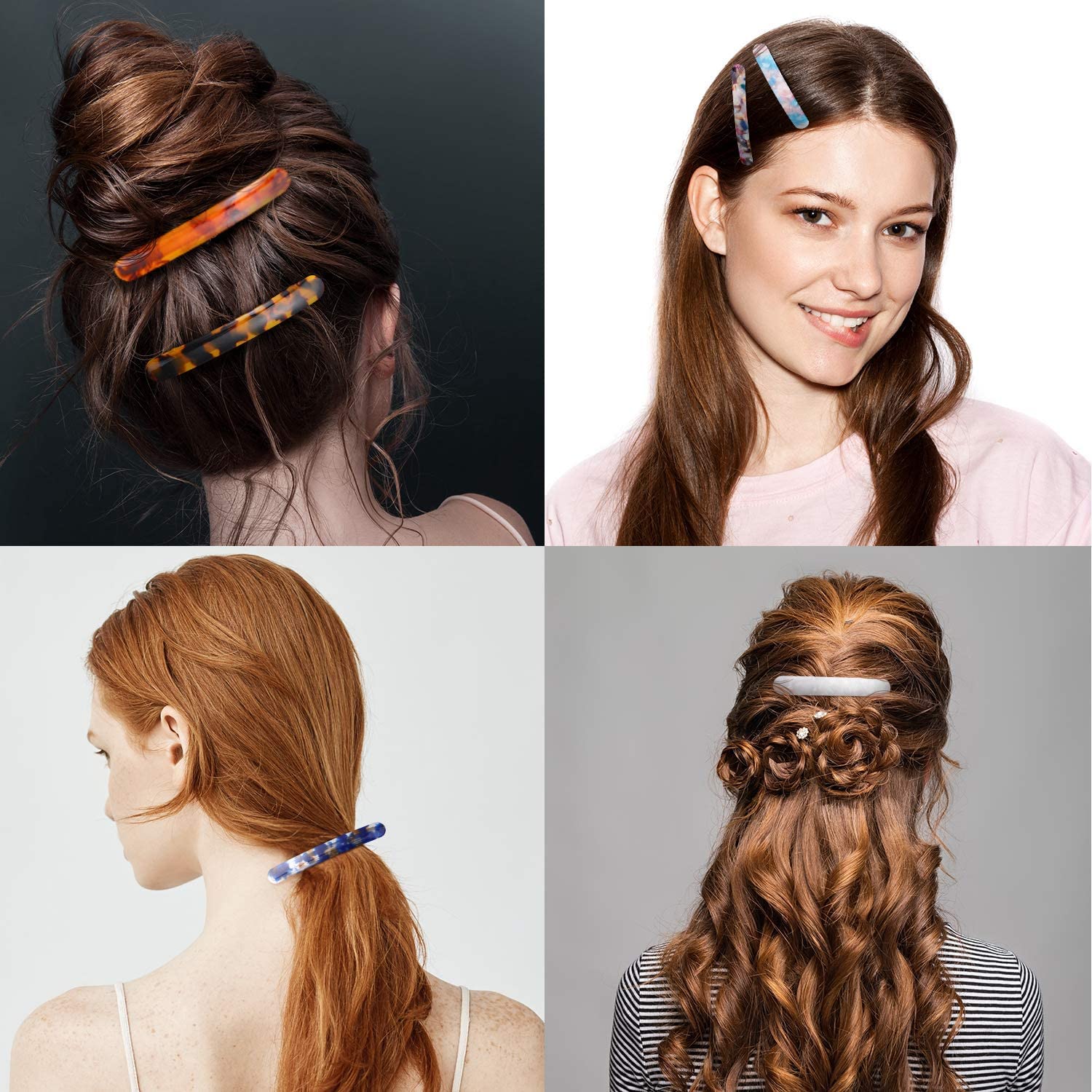 3-Piece Tortoise Shell Hair Barrettes for Women - Acetate French Skinny Hair Clips, Automatic Ponytail Holders - Perfect for Office, Wedding & Everyday Hair Accessories
