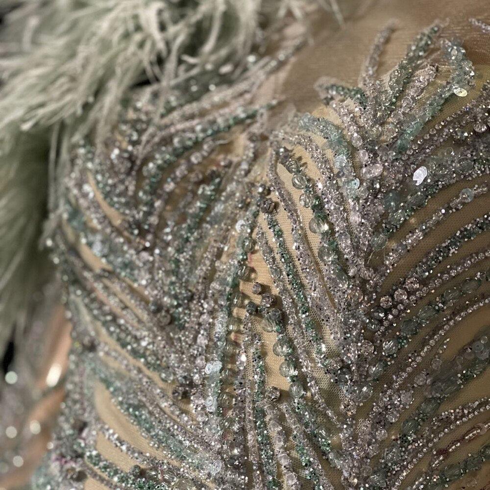 Elegant Green Beaded Feather Evening Gown for Women - A-Line Luxury Party Dress 2025 | Perfect for Galas, Proms & Formal Events (Style LA71535)
