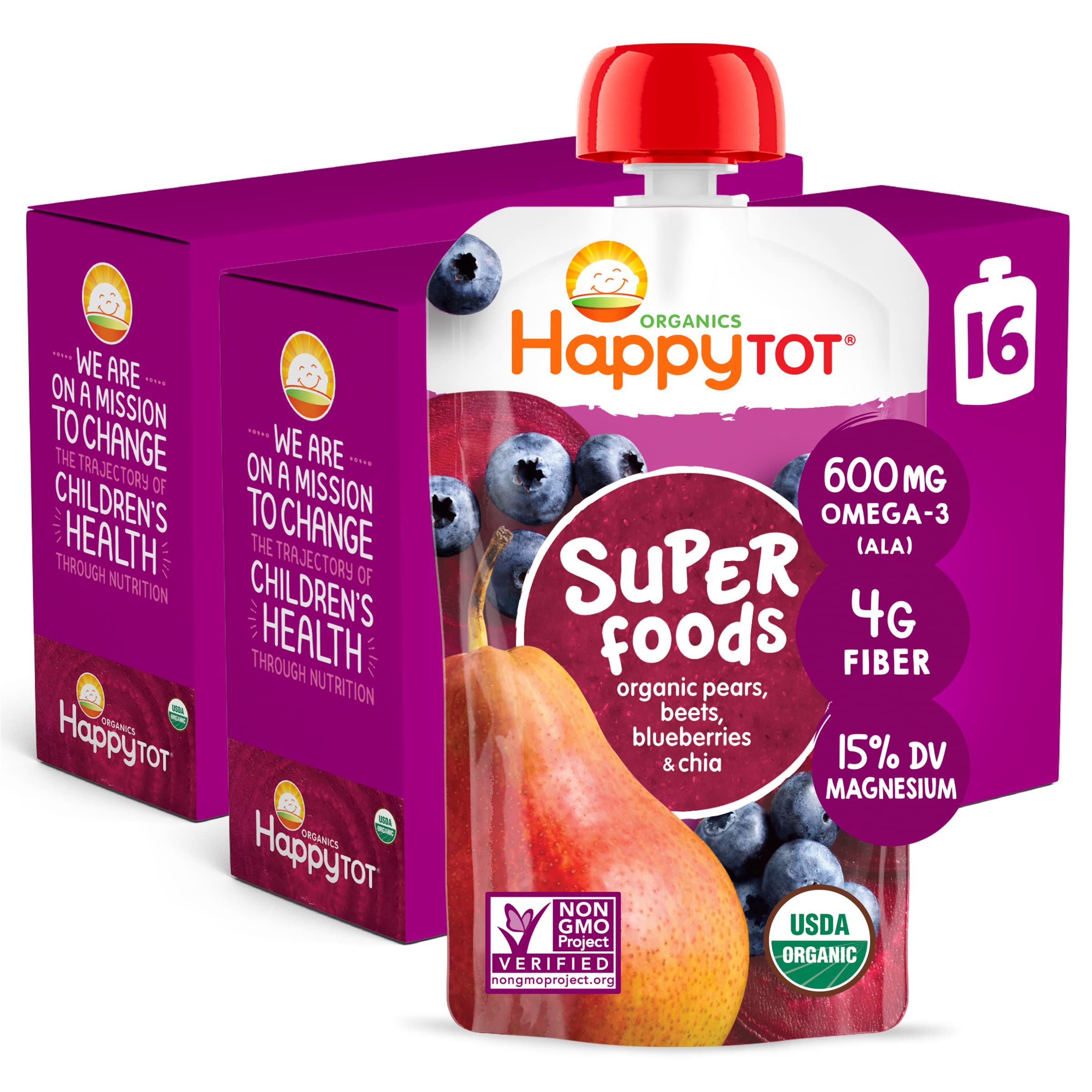 Happy Tot Organics Stage 4 Baby Food Pouches - Gluten Free Vegan Snacks with SuperFoods Fruit & Veggie Puree (Pears, Blueberries, Beets & Chia) - 4.22oz Pack of 16 - Perfect for On-the-Go Meals & Healthy Toddler Snacking