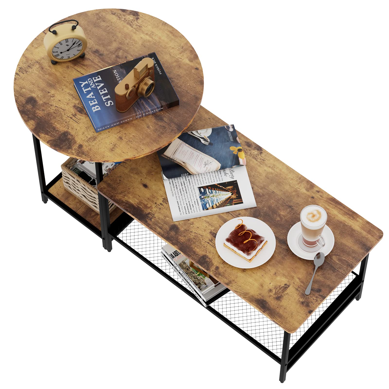 Modern Rustic Brown Coffee Table Set - 2-Tier Round & Rectangular Side Tables with Metal Frame for Living Room, Bedroom, Balcony | Space-Saving Storage Solution for Small Apartments & Cozy Homes