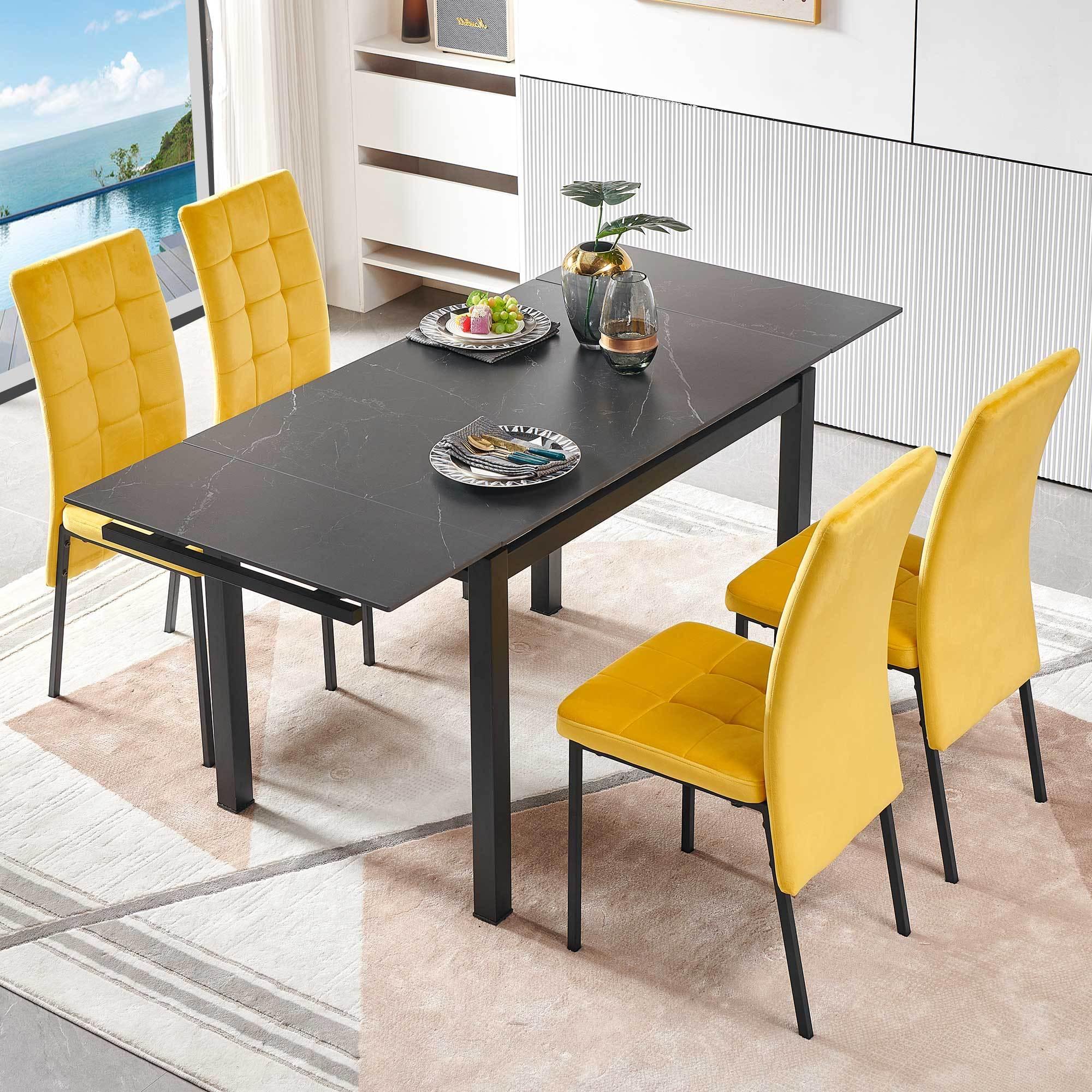 Modern Black Ceramic Expandable Rectangular Dining Table - Space Saving Kitchen & Small Apartment Furniture for Dining Room, Breakfast Nook, and Compact Living Spaces