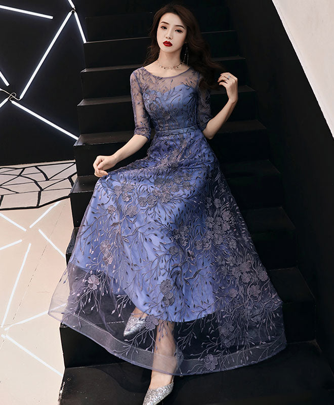 Elegant Blue Round Neck Tulle Lace Long Prom Dress for Women - Formal Evening Gown for Homecoming, Wedding, and Special Occasions