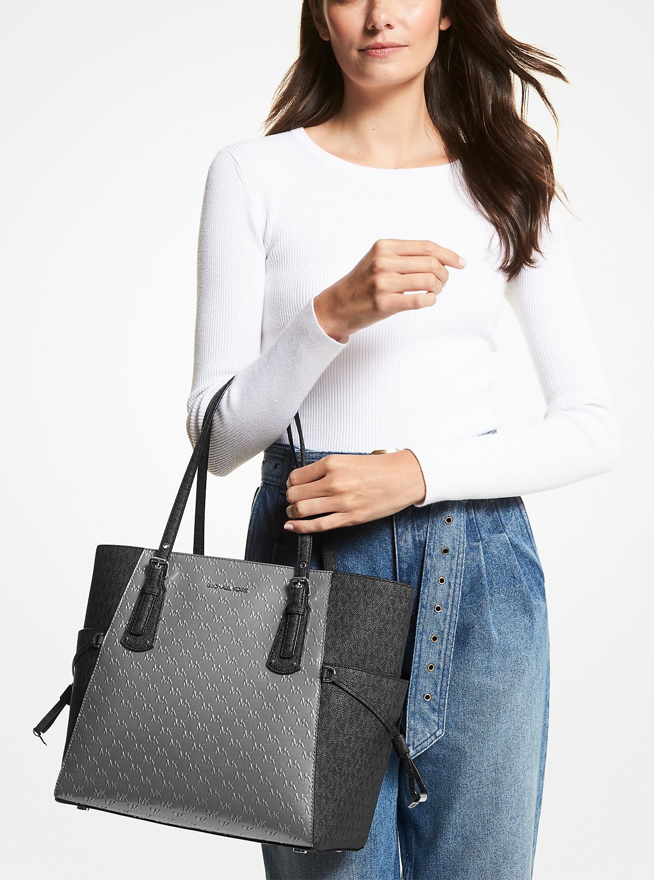 Michael Kors Voyager East West Tote Bag for Women - Heather Grey Leather Handbag, Spacious Work Tote with Top Handle & Crossbody Strap - Perfect for Office, Travel & Everyday Use