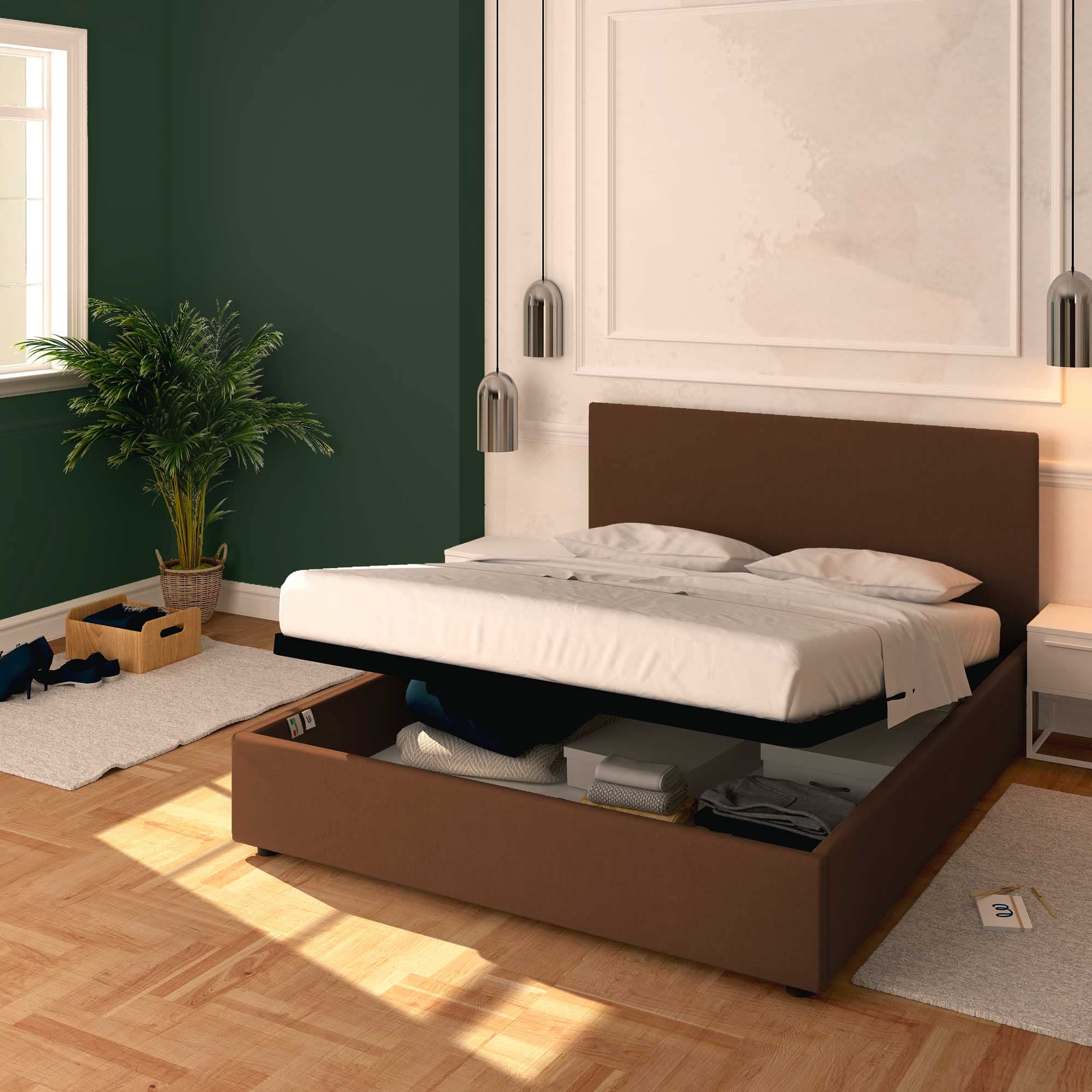 Baldiflex Rossano Fabric King Size Bed Frame with Slatted Base and Storage, 180x190cm, Elegant Brown Headboard – Perfect for Master Bedrooms and Guest Rooms