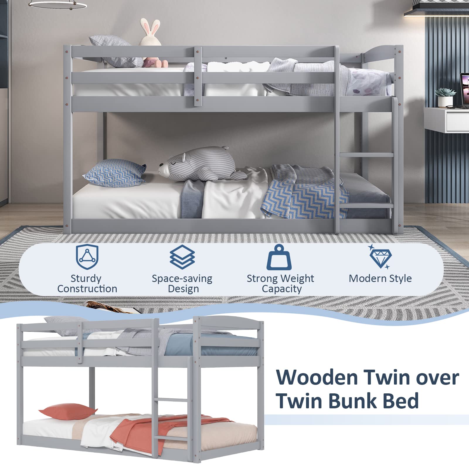 Giantex Twin Low Bunk Bed Frame - Solid Wood Twin Over Twin Bunk Bed with Full Guardrails & Built-in Ladder - Kids Bunk Beds for Boys and Girls - No Box Spring Required - Grey - Perfect for Small Bedrooms, Shared Kids Rooms, and Space-Saving Sleep Solutions