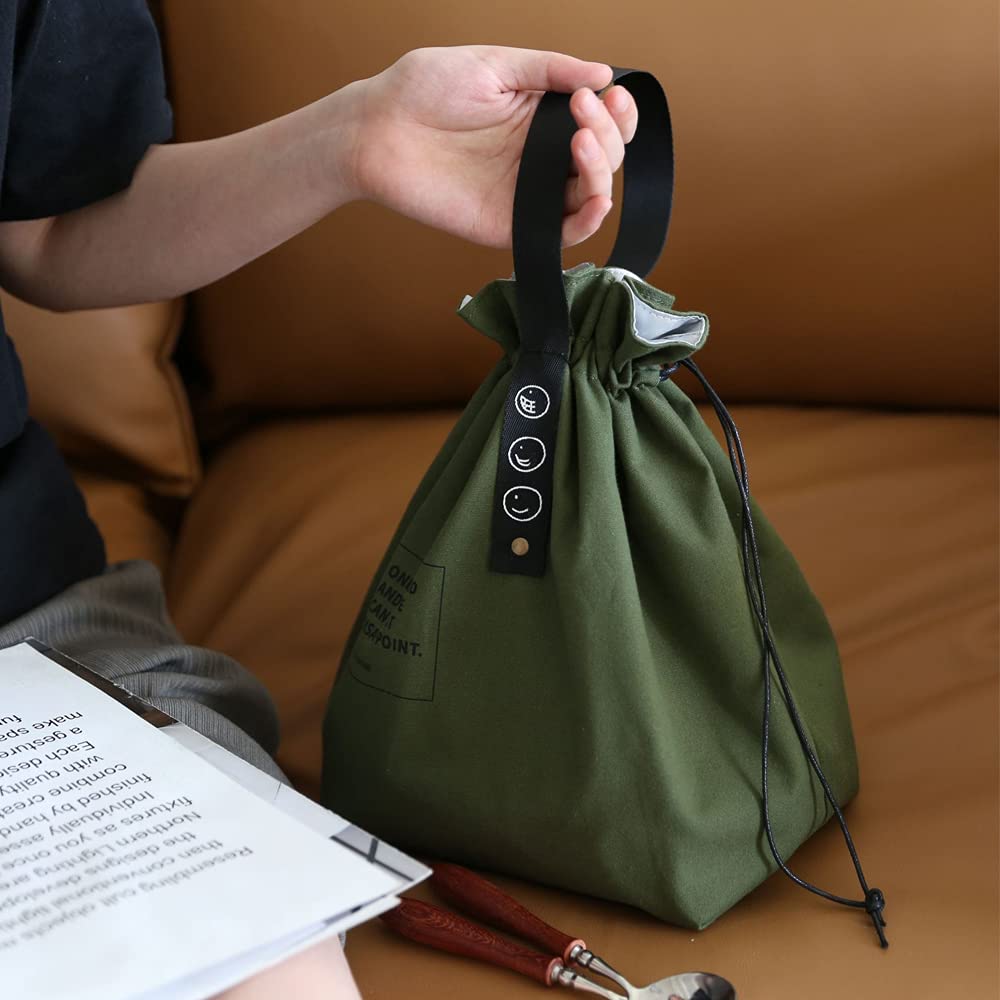 Insulated Canvas Lunch Bag with Drawstring Closure - Foldable Lightweight Cooler Tote for Office, Work, Picnic & Outdoor Activities - Eco-Friendly Green Lunch Box for Meal Prep & Daily Commute