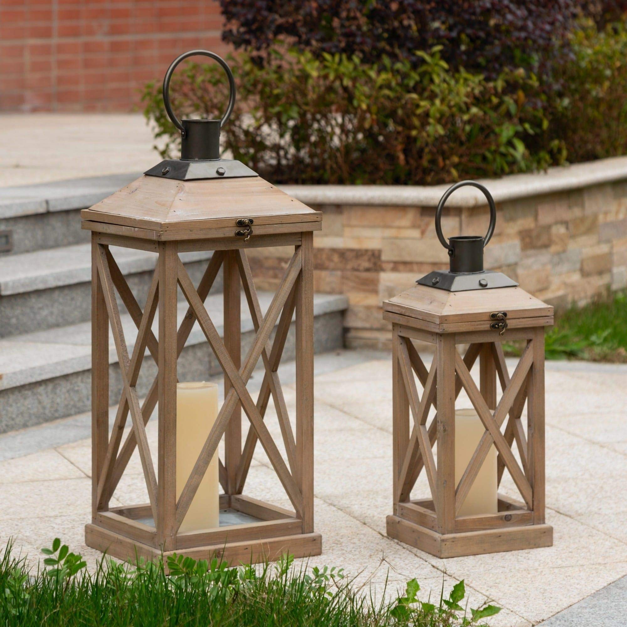 Set of 2 Modern Farmhouse Wooden Lanterns - Brown Contemporary Iron Wood Finish for Home Decor, Wedding Centerpiece, and Outdoor Patio Lighting