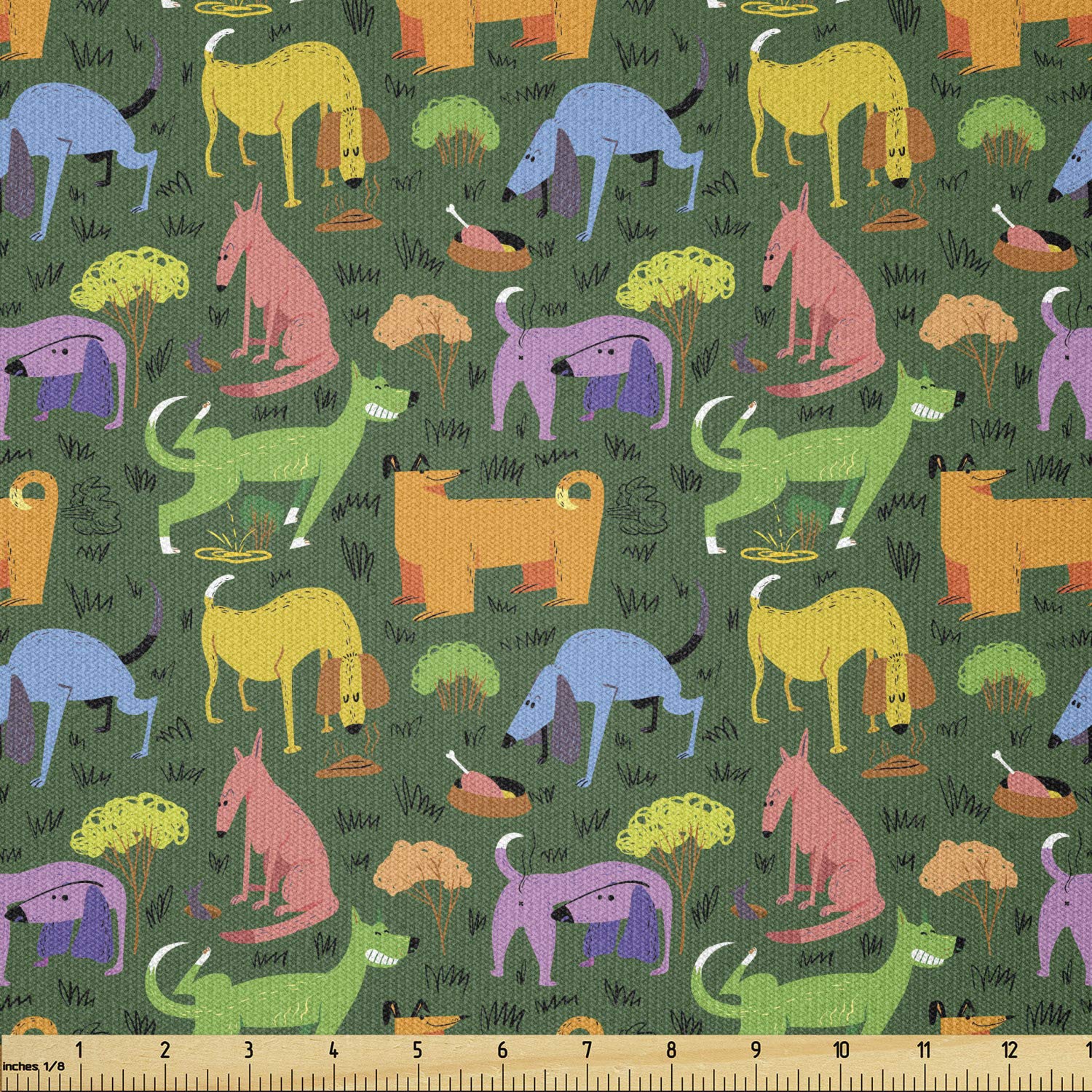 Ambesonne Stretch Knit Fabric - 10 Yards of Colorful Cartoon Animal Print for DIY Clothing & Crafts (Hunter Green Multicolor) | Perfect for Sewing Dog-Themed Apparel, Home Decor & Creative Projects