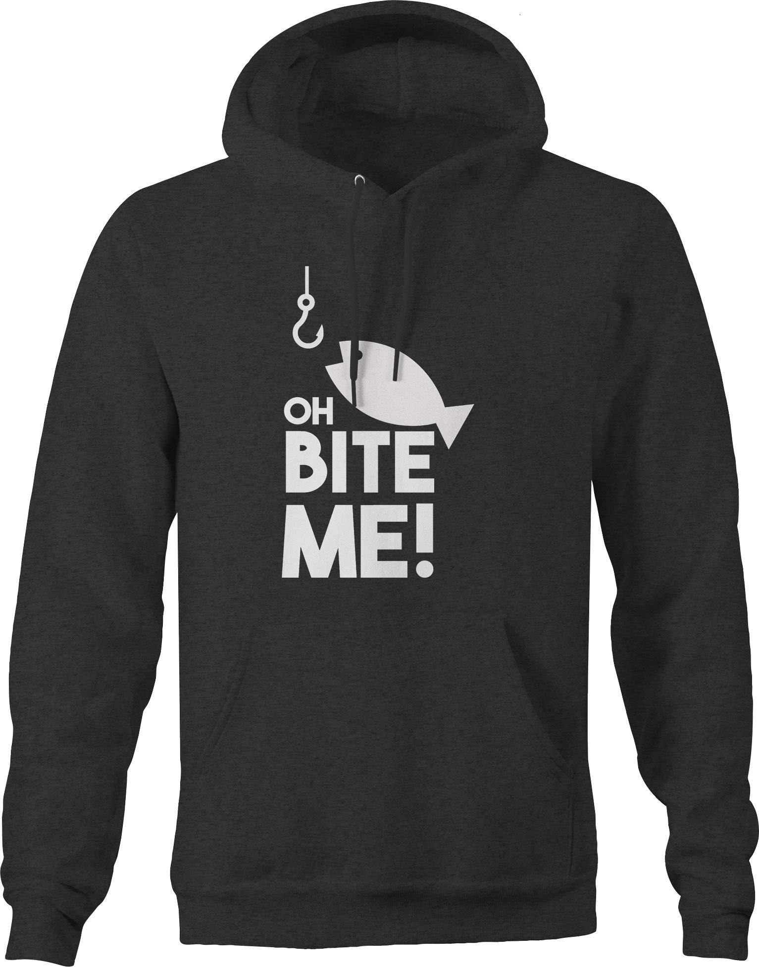 Funny Fishing Hoodie for Men - 'Oh Bite Me!' Fish Hook Design - Dark Grey Pullover for Catch & Release Anglers - Perfect for Fishing Trips & Outdoor Adventures