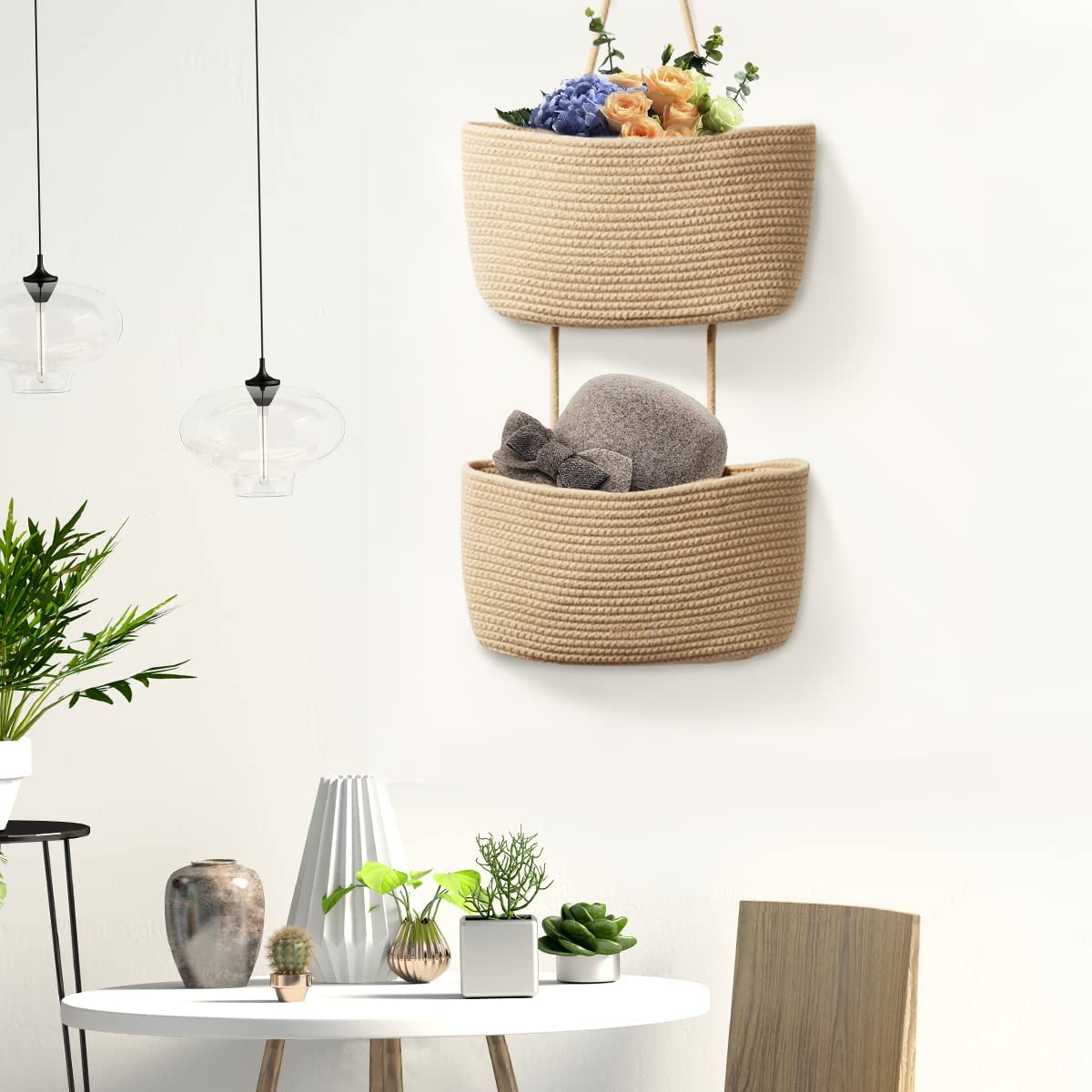 TeoKJ 2-Tier Woven Cotton Over the Door Hanging Basket - Wall Mounted Storage Organizer for Kitchen, Bathroom & Bedroom - Jute Decorative Storage Baskets - Perfect for Fruits, Vegetables, Toys & Towels