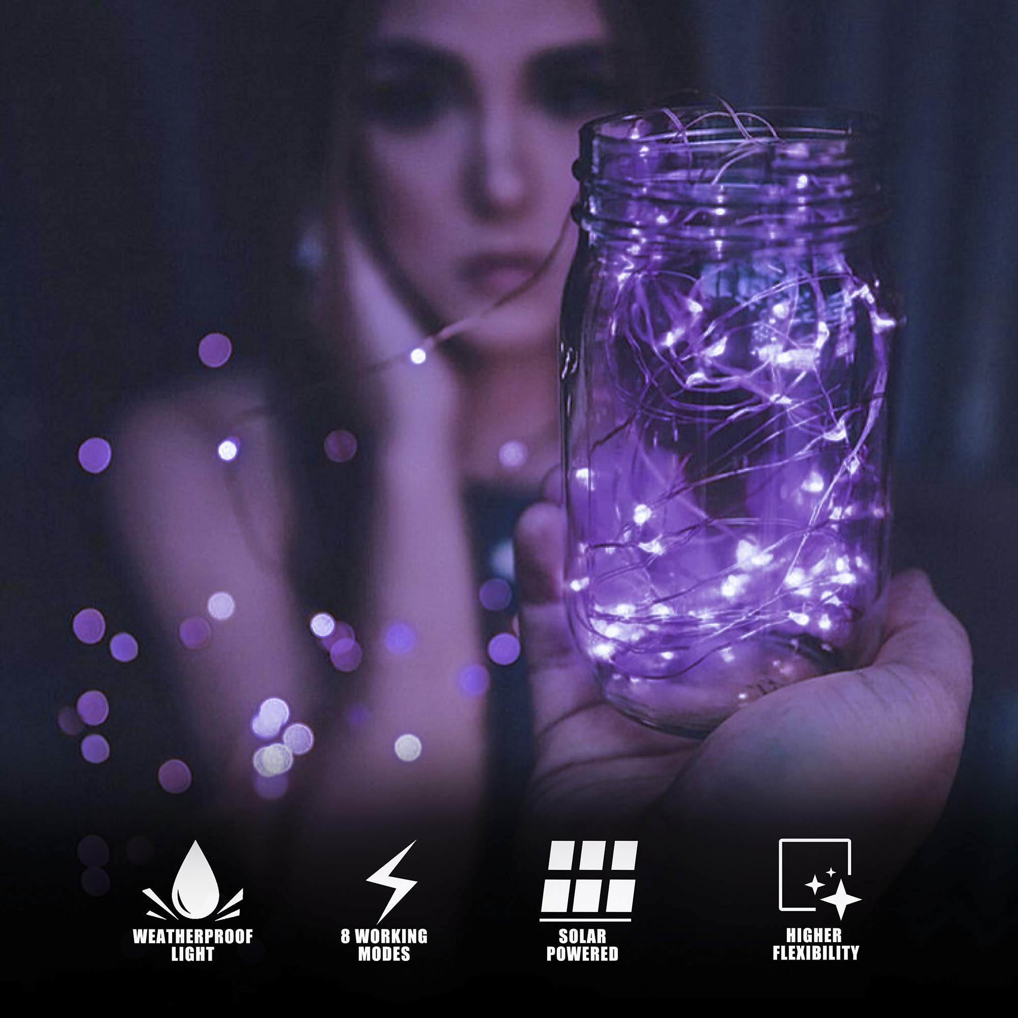 Purple Solar Halloween Lights - 2 Pack 66FT 200 LED Fairy String Lights with 8 Modes, Waterproof Outdoor Copper Wire Lights for Halloween, Christmas, Garden, Wedding Decorations - Perfect for Patio, Yard, and Party Decor (Purple)