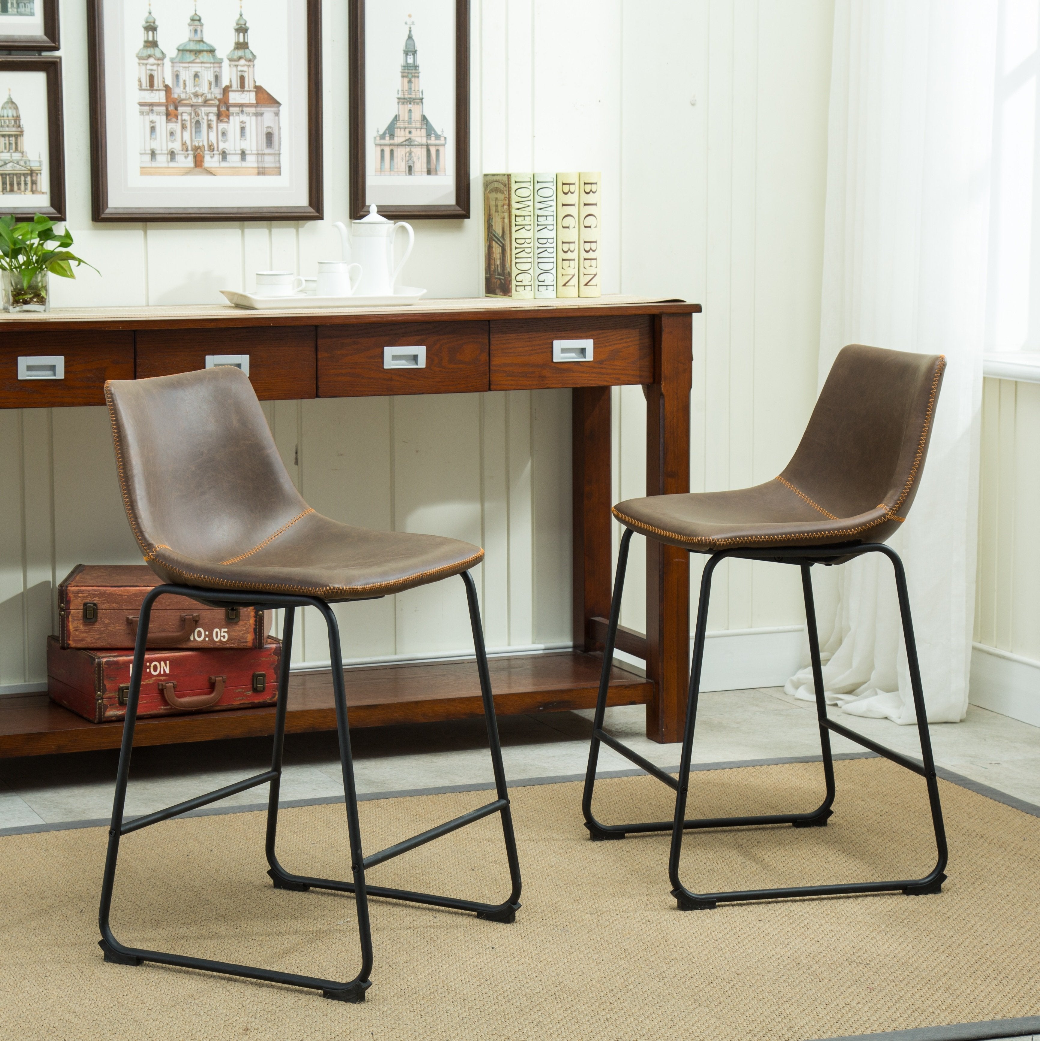 Vintage PU Leather Counter Height Bar Stools - Set of 2, Antique Brown - Roundhill Furniture Lotusville Collection - Perfect for Kitchen Islands, Breakfast Bars & Home Decor