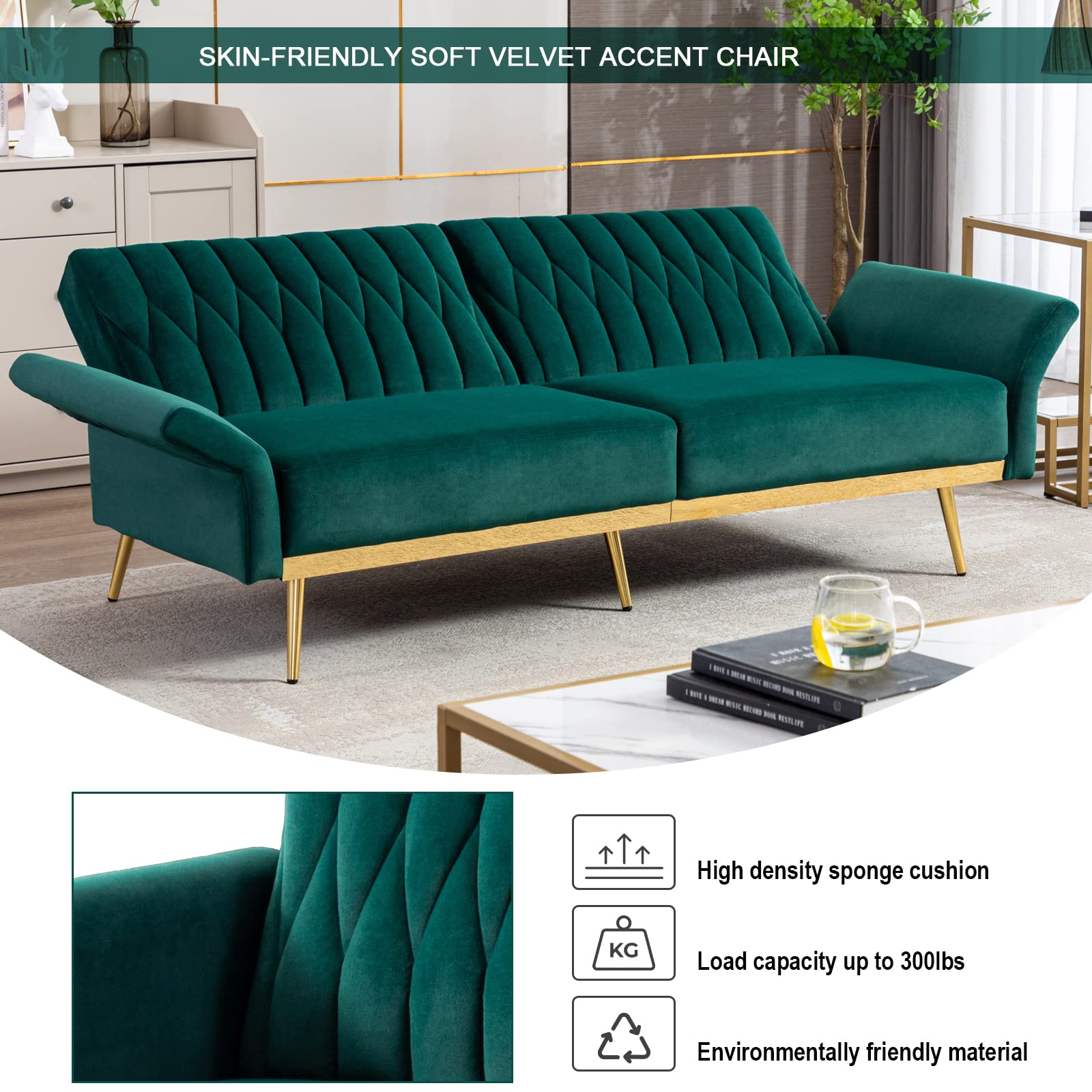 Convertible Futon Sofa Bed with Golden Legs - 70