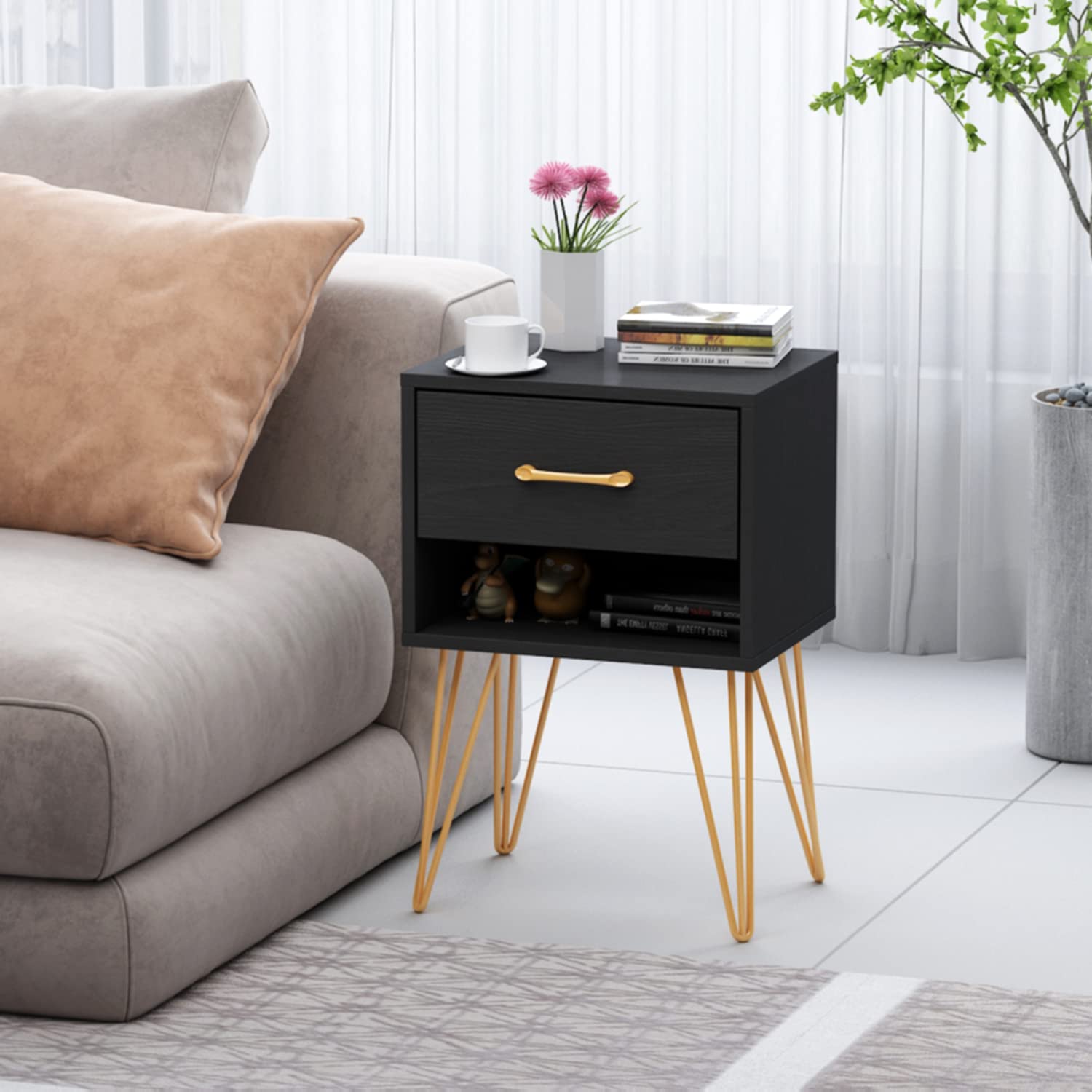 Modern Nightstand Set of 2 with Drawer & Shelf - Minimalist Bedside Tables with Metal Legs for Bedroom or Living Room - Black End Tables for Small Spaces & Apartment Decor