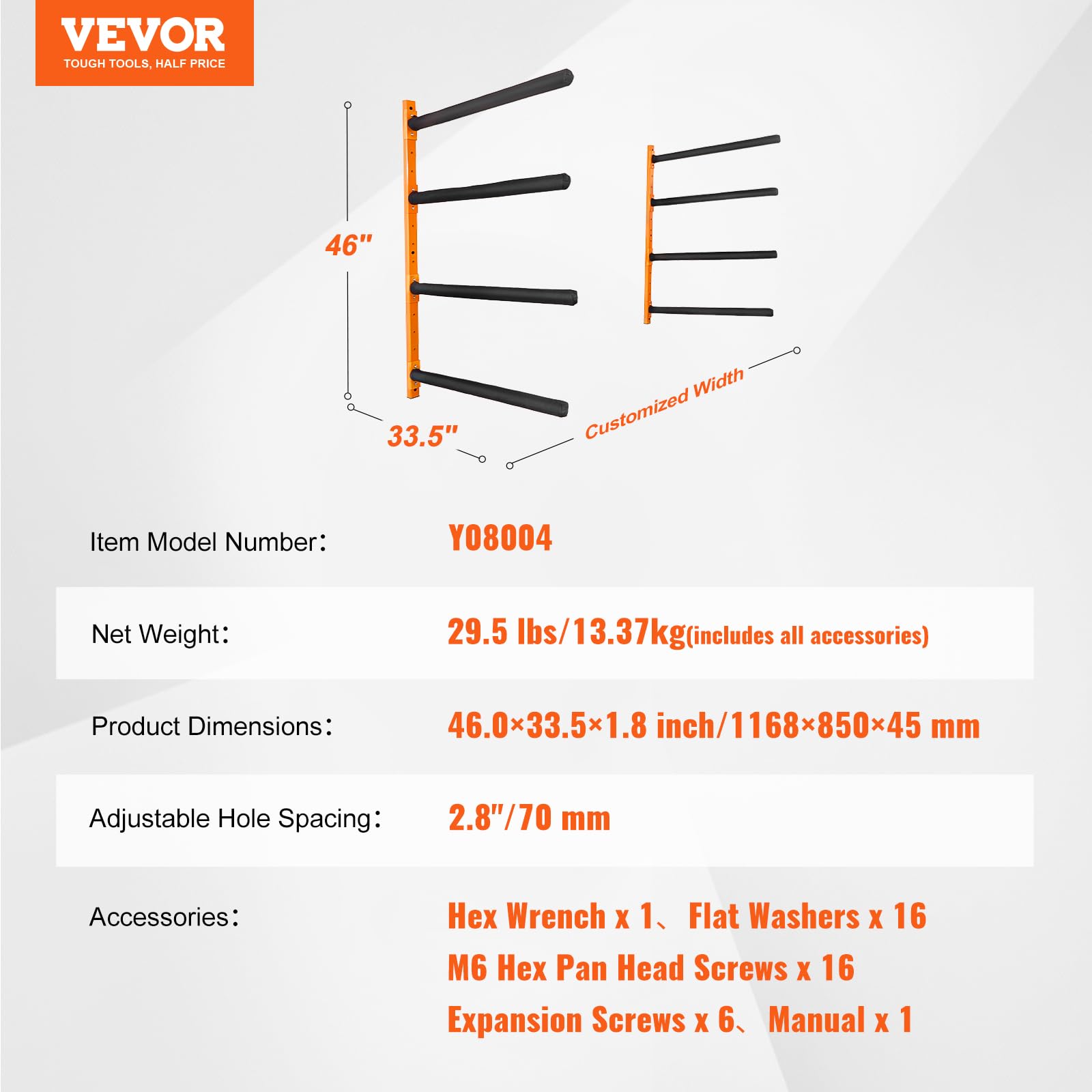 VEVOR 4-Capacity Wall Mounted Kayak Storage Rack - Heavy Duty 400 LB Capacity Adjustable Padded Kayak Canoe Paddle Board Holder for Indoor Outdoor Garage, Backyard, or Boat House - Perfect for Space Saving Kayak Organization and Secure Storage