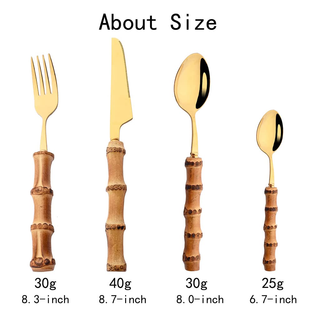 24-Piece Bamboo Handle Stainless Steel Cutlery Set for 6 - 18/8 Golden Flatware, Dishwasher Safe Kitchen Utensils - Perfect for Dinner Parties, Daily Use & Eco-Friendly Home Dining