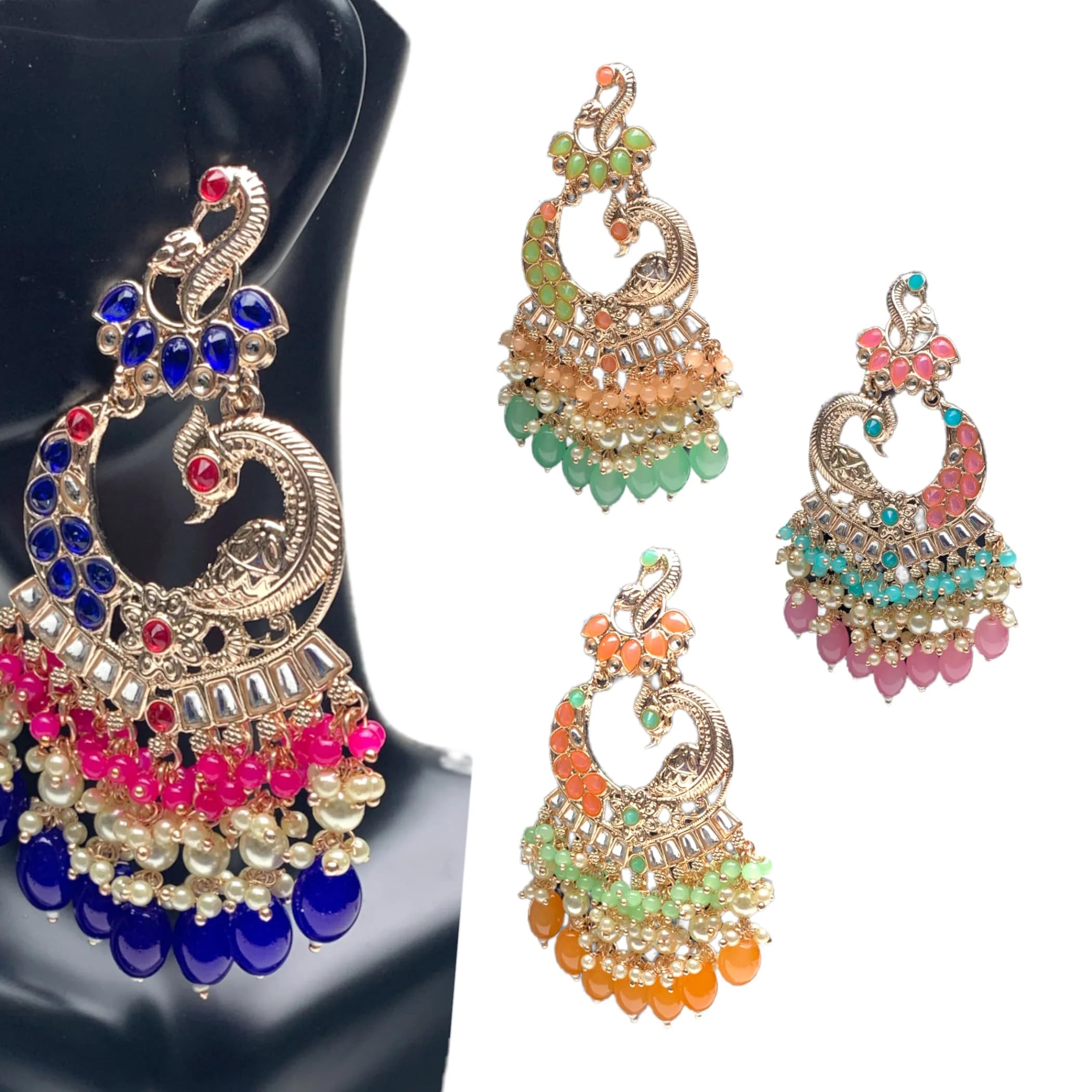 LoveNspire Oversized Indian Jhumka Earrings for Women - Peacock Chandbali Kundan & Faux Pearl Dangle Earrings, Ethnic Bollywood Style Jewelry for Parties, Weddings & Festive Occasions