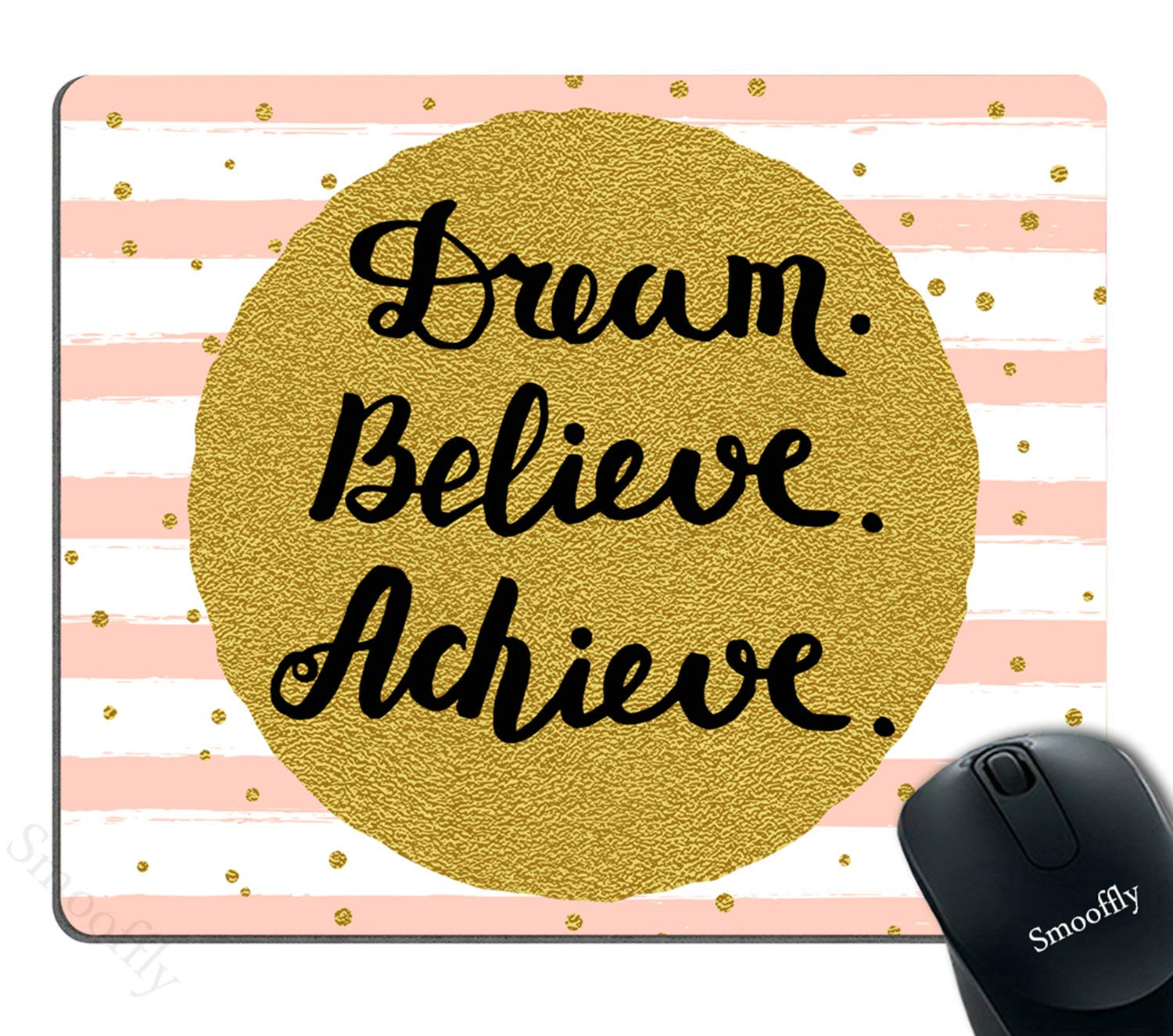 Custom Smooffly Gaming Mouse Pad with Gold Dots - Inspirational 'Dream Believe Achieve' Quote - Premium Neoprene Surface for PC, Laptop & Office Work - Perfect for Gamers, Students & Professionals